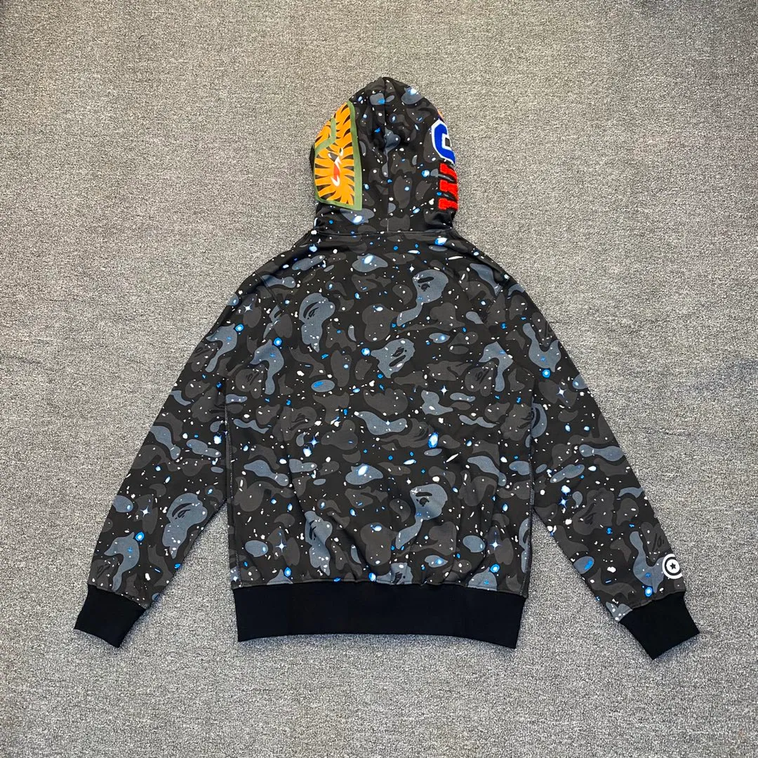 💰400 BAPE SPACE CAMO SHARK HOODIE starry sky camouflage shark zipper hooded sweatshirt, top-quality fabric, 1:1 high-end replica, couple model: S—XXL [starry sky black]