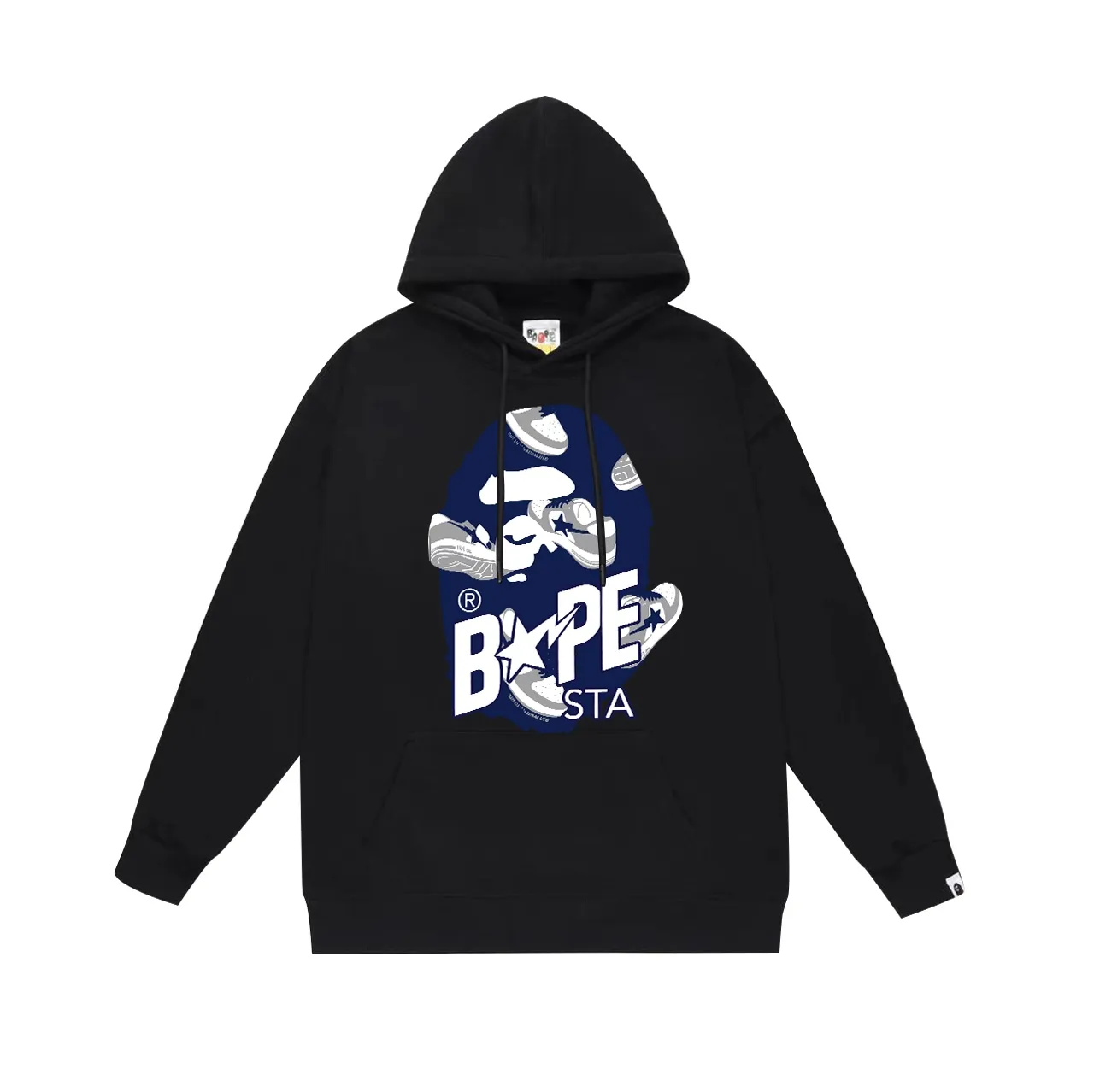 Model No. SC711# Terry p160 plus velvet 180💰 (top version) BAPE ape head letter printed STA casual shoe pattern hooded sweatshirt. Made of 380 grams of large terry (drop shoulder large version) fabric. The texture is soft and non-pilling. Imported environmentally friendly printing glue. The pattern is bright and three-dimensional. Quality💥Same style for men and women. The upper body is trendy. Color: black white gray Size: S M L XL XXL