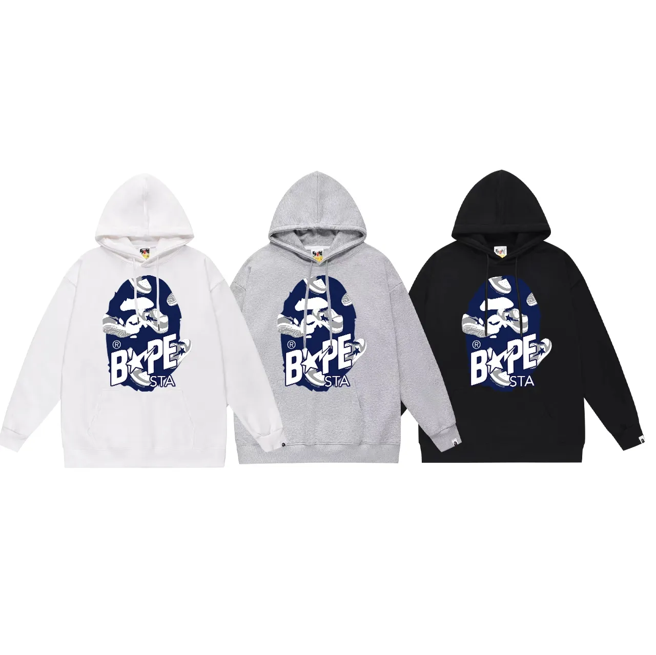 Model No. SC711# Terry p160 plus velvet 180💰 (top version) BAPE ape head letter printed STA casual shoe pattern hooded sweatshirt. Made of 380 grams of large terry (drop shoulder large version) fabric. The texture is soft and non-pilling. Imported environmentally friendly printing glue. The pattern is bright and three-dimensional. Quality💥Same style for men and women. The upper body is trendy. Color: black white gray Size: S M L XL XXL