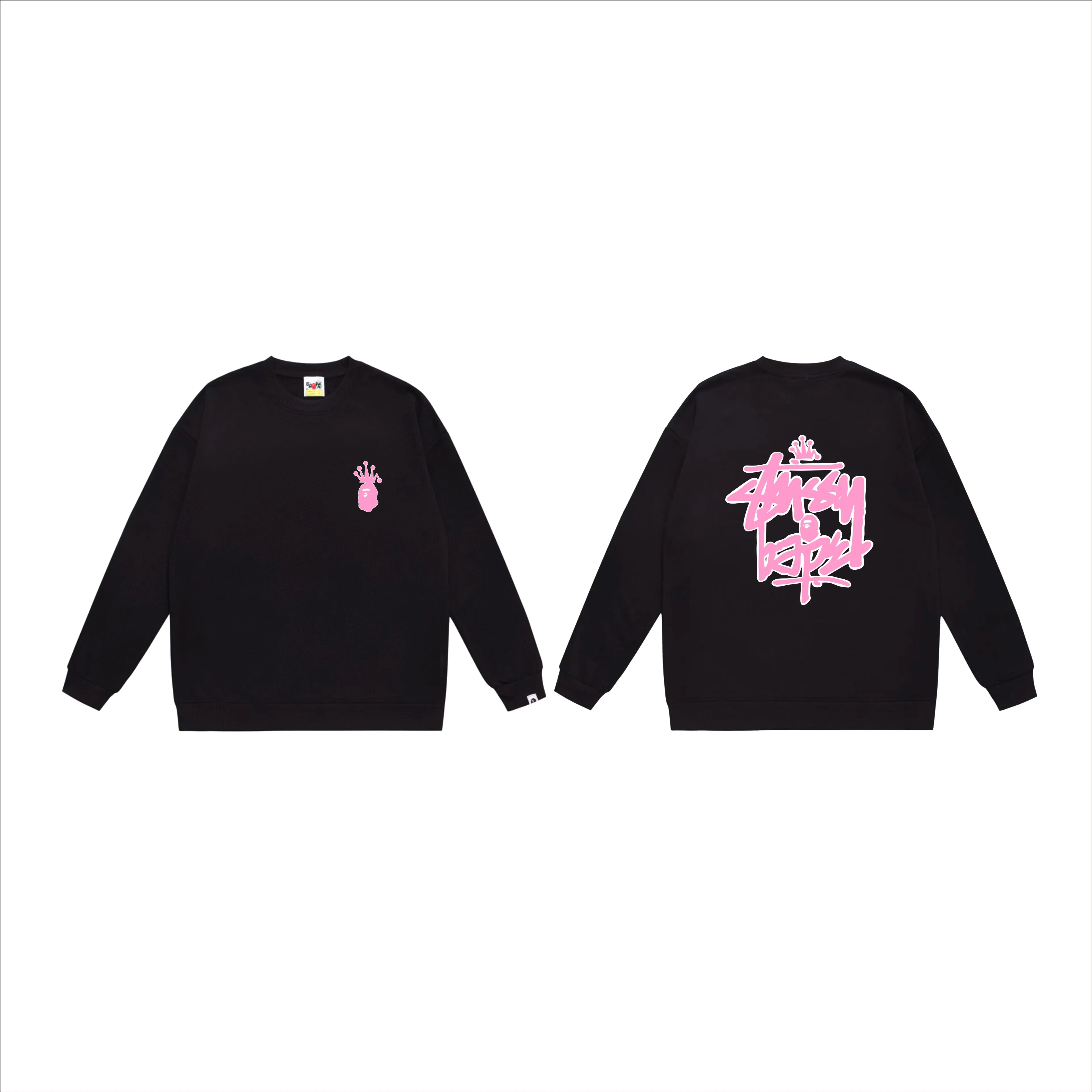 P150 model number SC509# terry 75 plus velvet 80 (top version) BAPE×STUSSY co-branded Stussy letter round neck sweatshirt Made of 350 grams of large terry (drop shoulder large version) fabric, soft texture and no pilling Imported environmentally friendly printing glue The pattern is bright and three-dimensional Quality 💥Same style for men and women The upper body is fashionable Color: black white gray Size: S M L XL XXL