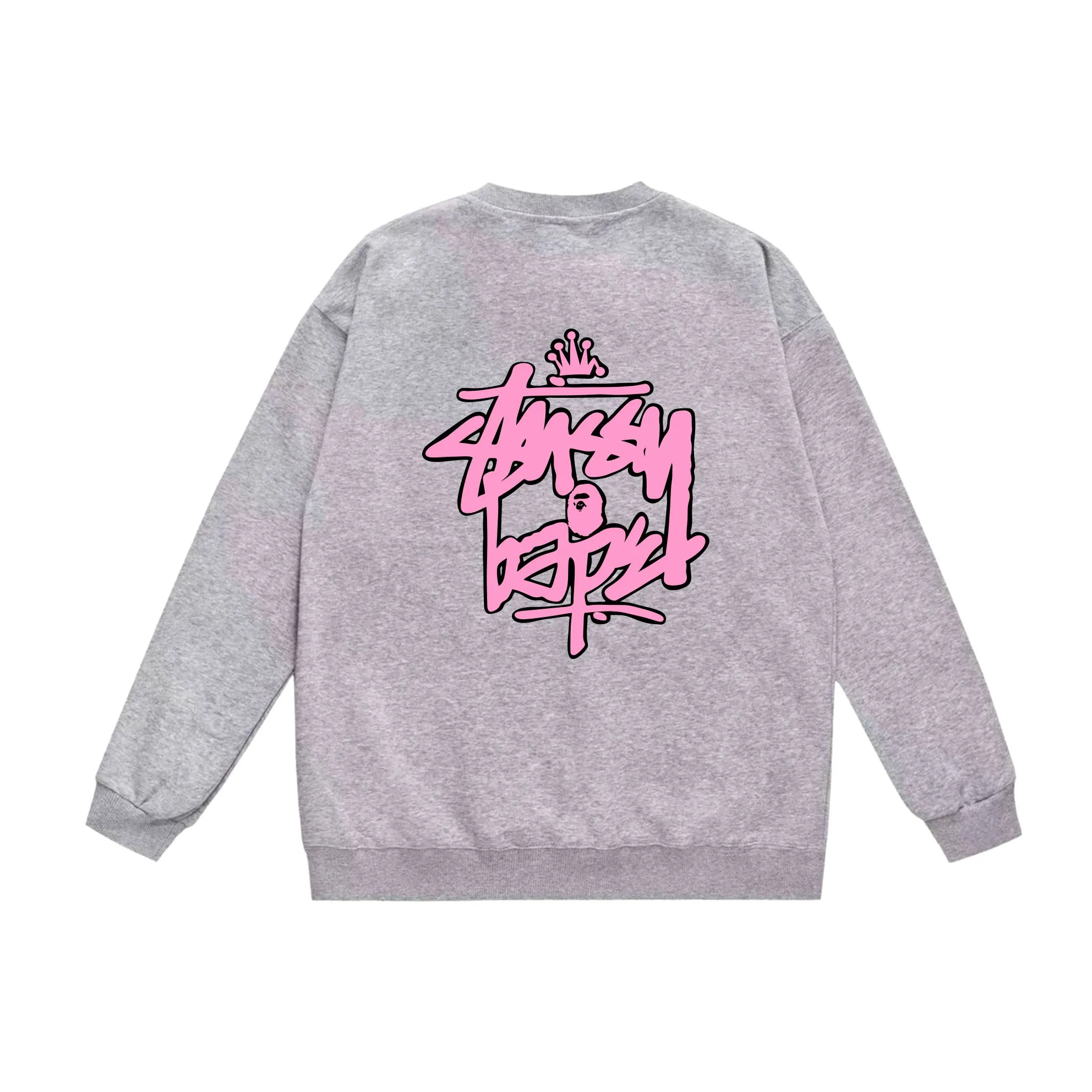 P150 model number SC509# terry 75 plus velvet 80 (top version) BAPE×STUSSY co-branded Stussy letter round neck sweatshirt Made of 350 grams of large terry (drop shoulder large version) fabric, soft texture and no pilling Imported environmentally friendly printing glue The pattern is bright and three-dimensional Quality 💥Same style for men and women The upper body is fashionable Color: black white gray Size: S M L XL XXL