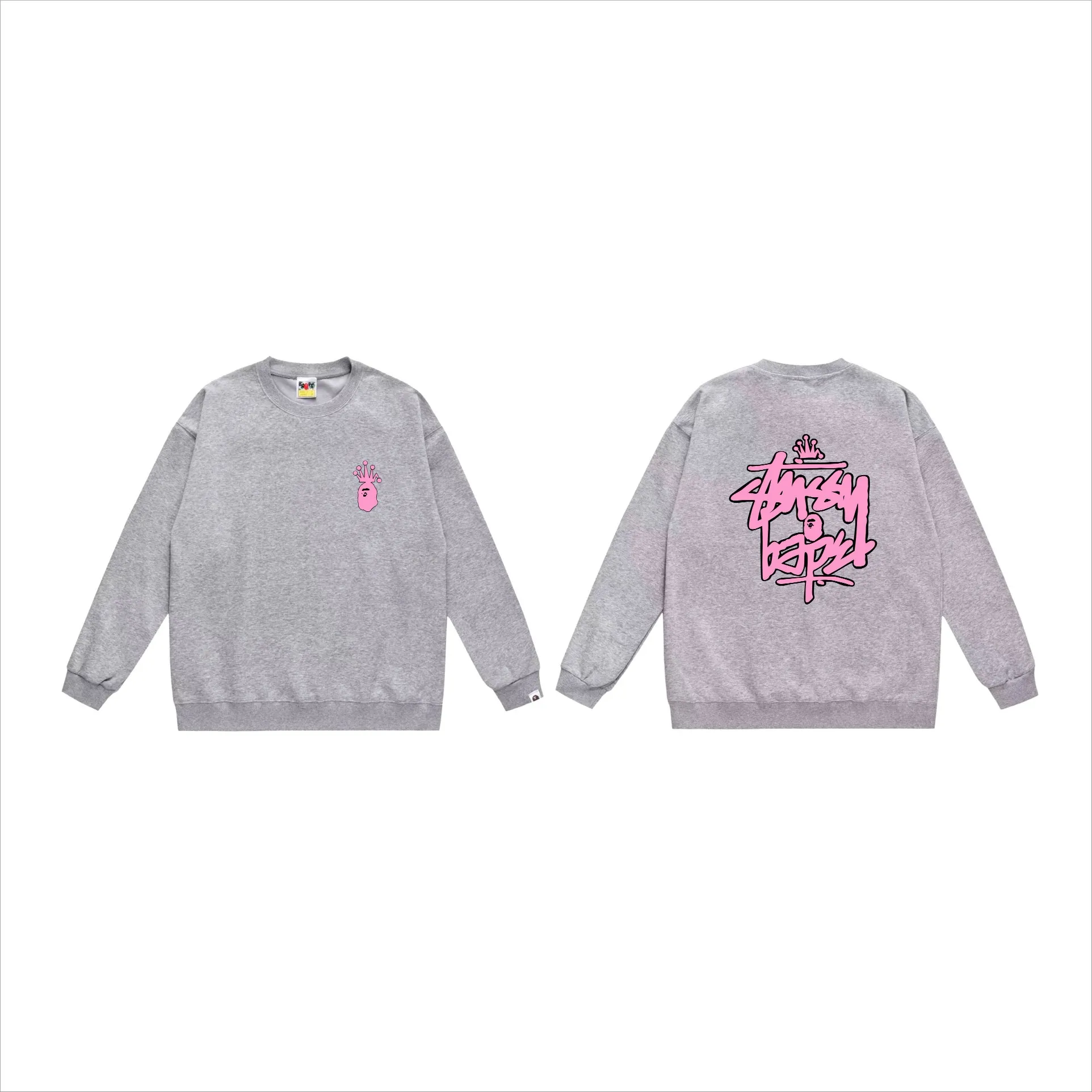 P150 model number SC509# terry 75 plus velvet 80 (top version) BAPE×STUSSY co-branded Stussy letter round neck sweatshirt Made of 350 grams of large terry (drop shoulder large version) fabric, soft texture and no pilling Imported environmentally friendly printing glue The pattern is bright and three-dimensional Quality 💥Same style for men and women The upper body is fashionable Color: black white gray Size: S M L XL XXL