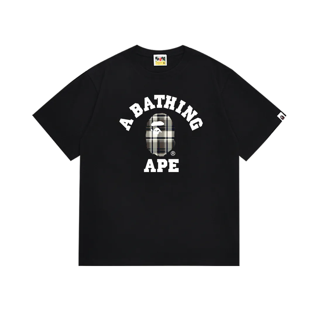 SC223#p110💰 (Top version) BAPE ape-head plaid letter print short-sleeved T-shirt Made of 260 grams of high-quality high-weave pure cotton fabric, double yarn combed, soft and non-pilling, imported environmentally friendly printing glue, bright and three-dimensional pattern, quality 💥Same style for men and women, the upper body is fashionable Color: black white Size: S M L XL XXL
