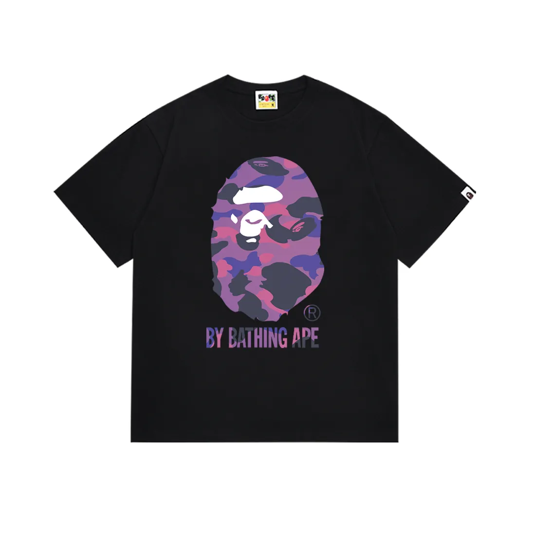 P110 SC045# (top version) BAPE camouflage great ape letter print short-sleeved T-shirt Made of 260 grams of high-quality high-weave pure cotton fabric, double yarn combed, soft texture and no pilling Imported environmentally friendly printing glue, bright and three-dimensional pattern, quality 💥Same style for men and women, the upper body is fashionable Color: black purple white purple Size: S M L XL XXL