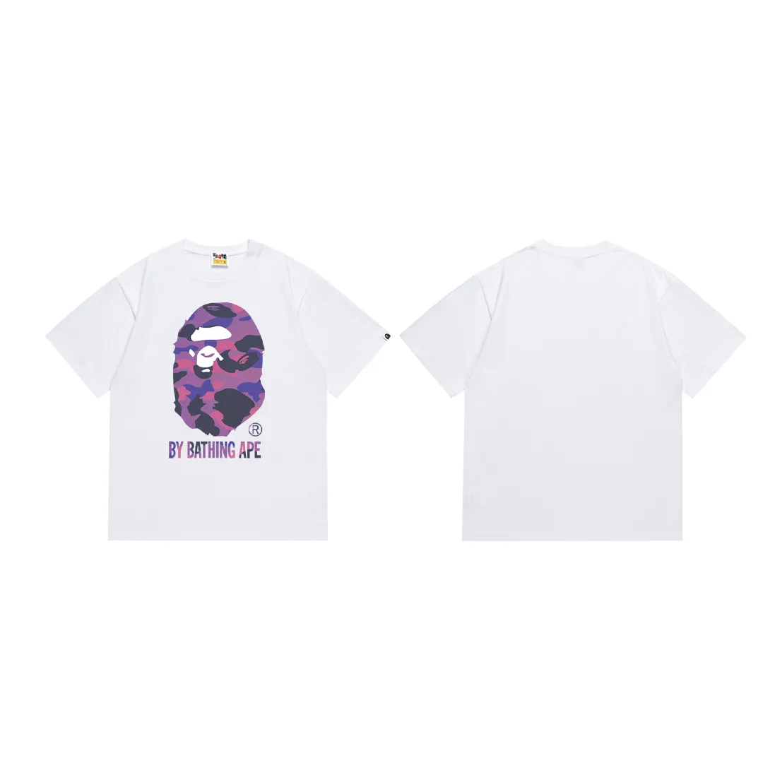 P110 SC045# (top version) BAPE camouflage great ape letter print short-sleeved T-shirt Made of 260 grams of high-quality high-weave pure cotton fabric, double yarn combed, soft texture and no pilling Imported environmentally friendly printing glue, bright and three-dimensional pattern, quality 💥Same style for men and women, the upper body is fashionable Color: black purple white purple Size: S M L XL XXL