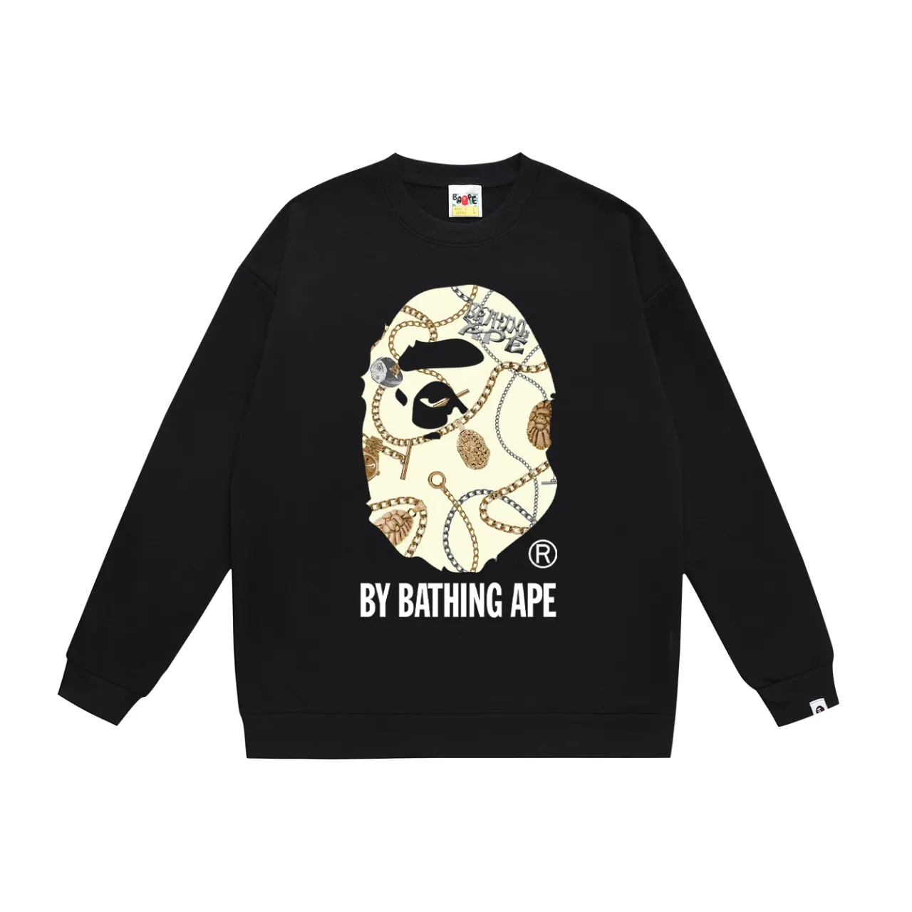 P150 model number SC476# terry 75 plus velvet 80 (top version) BAPE JEWELS BY BATHING APE TEE jewelry great ape head printed round neck sweatshirt Made of 350g large terry (drop shoulder large version) fabric, soft texture and no pilling Imported environmentally friendly printing glue The pattern is bright and three-dimensional Quality 💥Same style for men and women The upper body is trendy Color: black white gray Size: S M L XL XXL