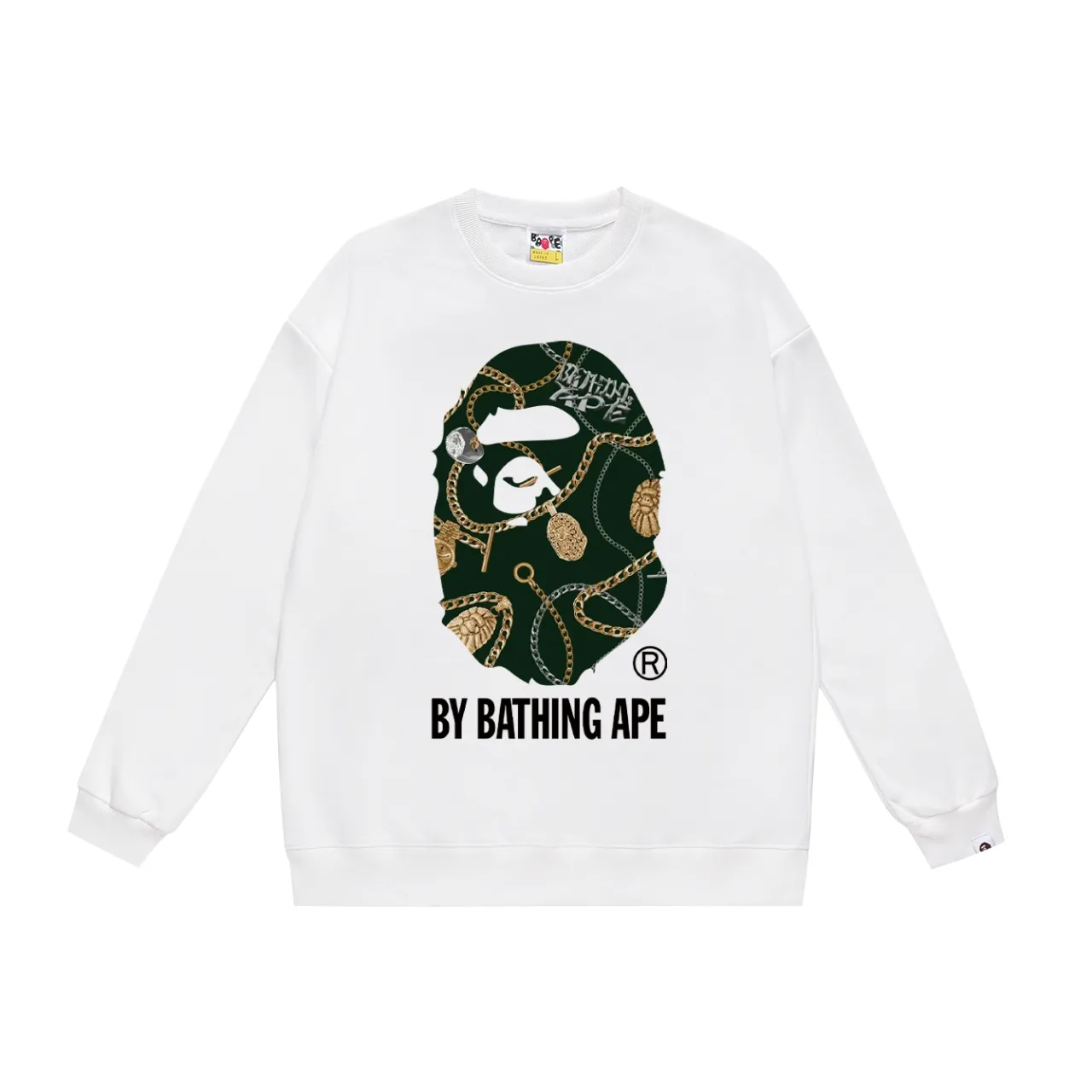 P150 model number SC476# terry 75 plus velvet 80 (top version) BAPE JEWELS BY BATHING APE TEE jewelry great ape head printed round neck sweatshirt Made of 350g large terry (drop shoulder large version) fabric, soft texture and no pilling Imported environmentally friendly printing glue The pattern is bright and three-dimensional Quality 💥Same style for men and women The upper body is trendy Color: black white gray Size: S M L XL XXL