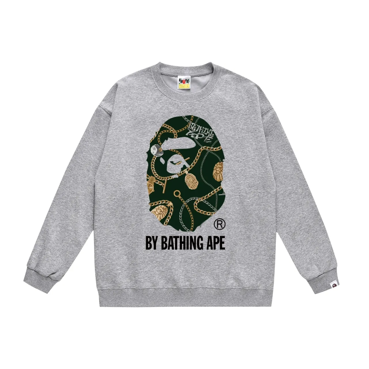 P150 model number SC476# terry 75 plus velvet 80 (top version) BAPE JEWELS BY BATHING APE TEE jewelry great ape head printed round neck sweatshirt Made of 350g large terry (drop shoulder large version) fabric, soft texture and no pilling Imported environmentally friendly printing glue The pattern is bright and three-dimensional Quality 💥Same style for men and women The upper body is trendy Color: black white gray Size: S M L XL XXL