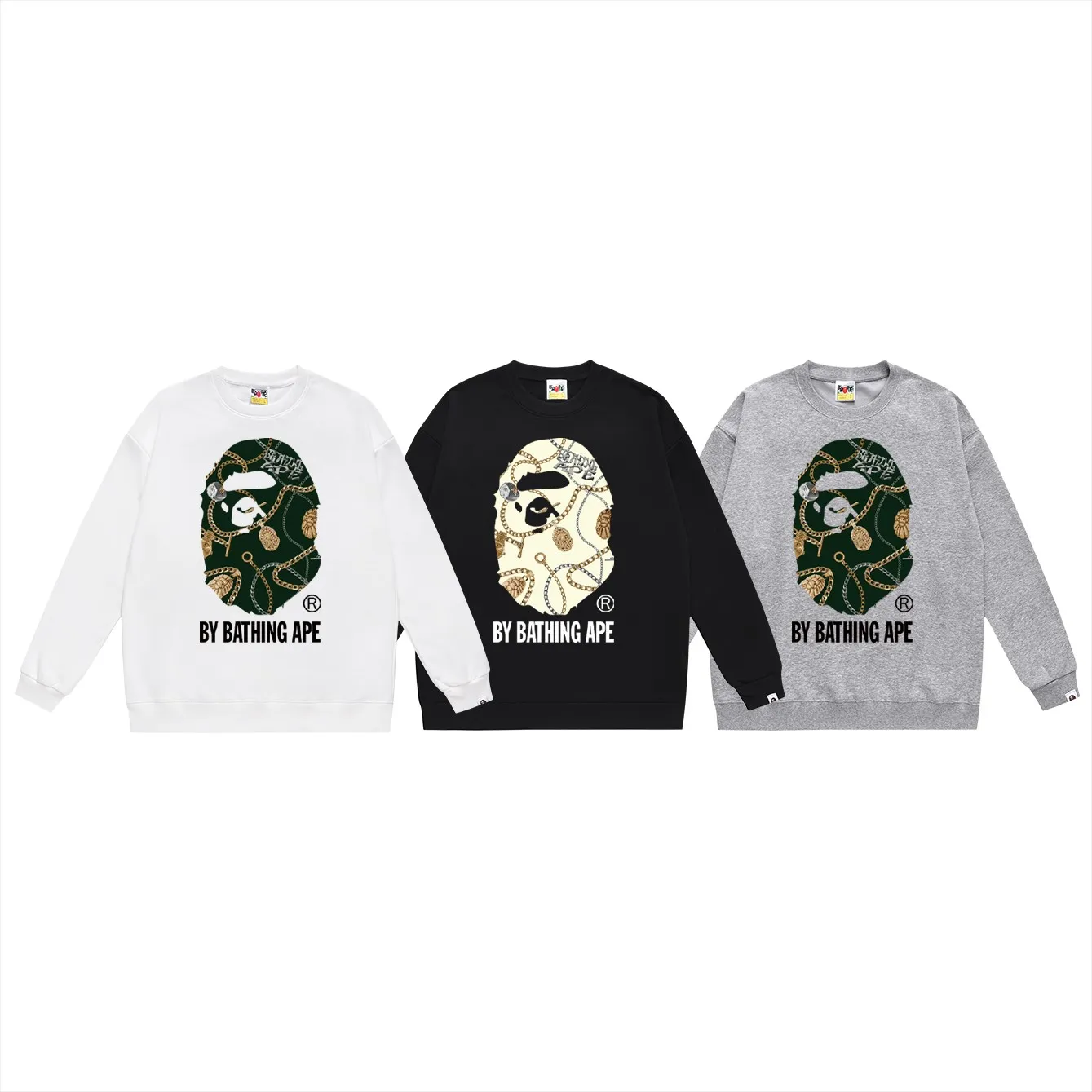 P150 model number SC476# terry 75 plus velvet 80 (top version) BAPE JEWELS BY BATHING APE TEE jewelry great ape head printed round neck sweatshirt Made of 350g large terry (drop shoulder large version) fabric, soft texture and no pilling Imported environmentally friendly printing glue The pattern is bright and three-dimensional Quality 💥Same style for men and women The upper body is trendy Color: black white gray Size: S M L XL XXL