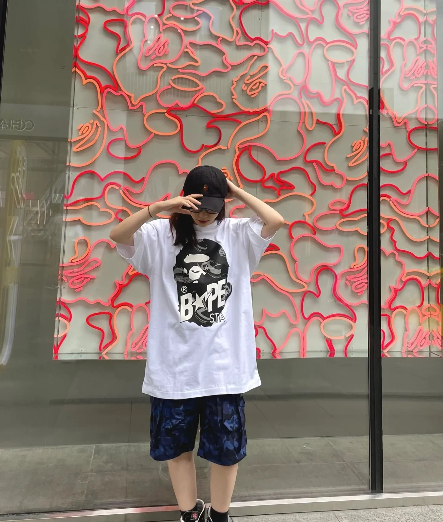 P110 00162 A BATHING APE Ape Head Series Ranpe Bape Sta printed loose short-sleeved T-shirt, same style for men and women, size smlxlxxl, black black, black blue, white black, white blue