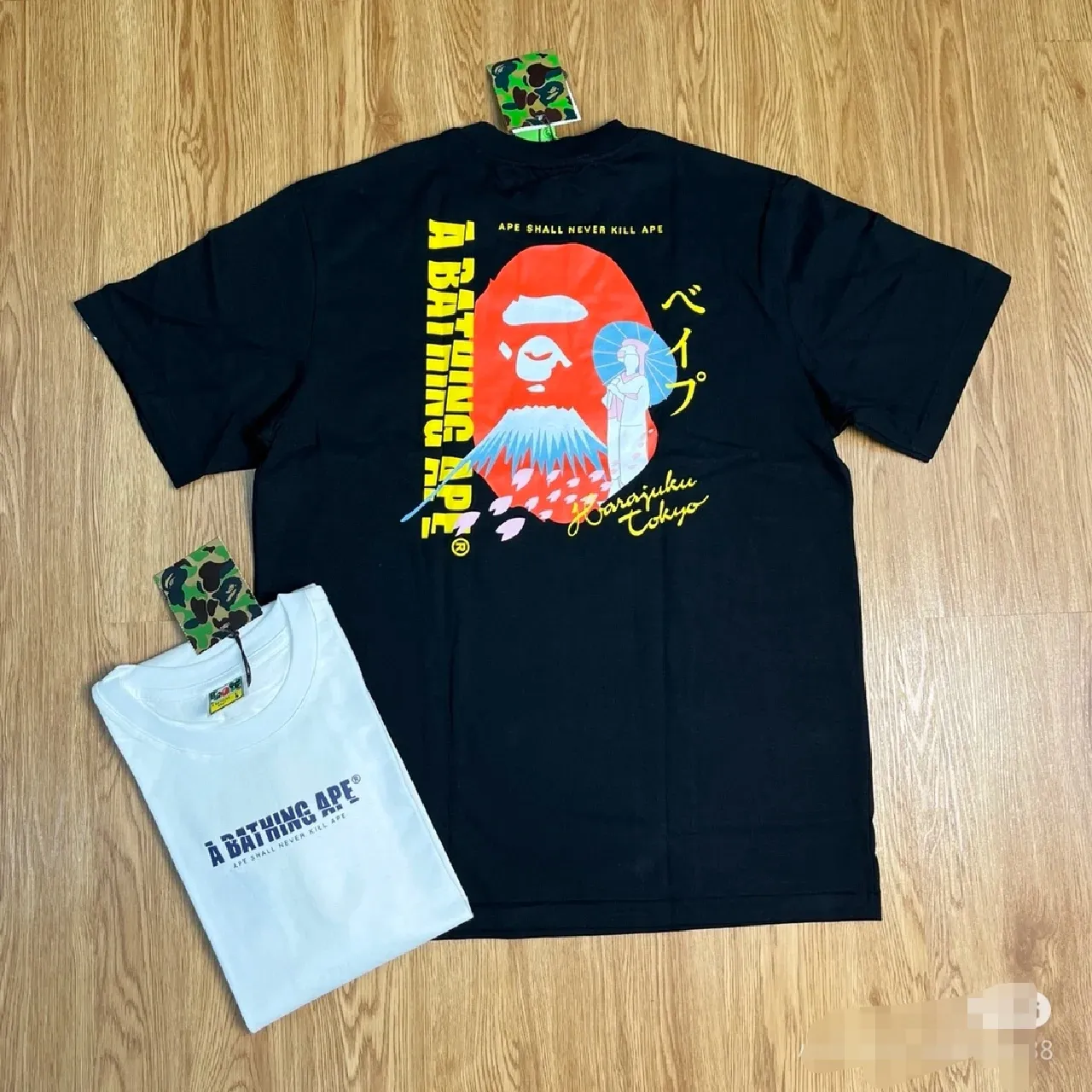 P110 001036 bape ape head print short-sleeved T-shirt, same style for men and women, size smlxlxxl, black and white