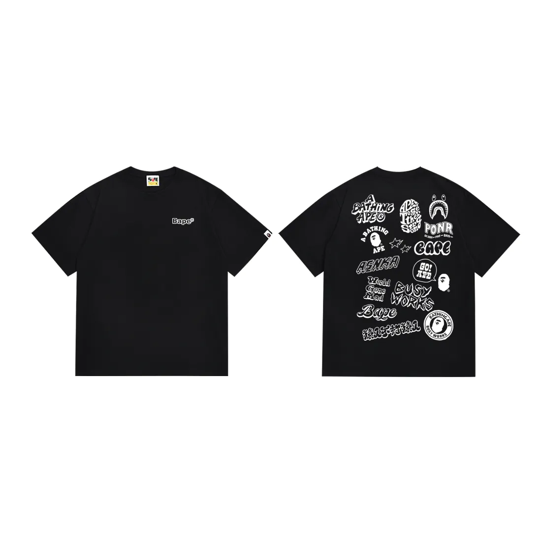 P110 SC055# (top version) BAPE ape-letter printed short-sleeved T-shirt with great ape-letter graffiti logo on the back. Made of 260 grams of high-quality high-weave pure cotton fabric. Double yarn combed. Soft texture and no pilling. Imported environmentally friendly printing glue. Bright and three-dimensional pattern. Quality💥Same style for men and women. The upper body is trendy. Color: black and white. Size: S M L XL XXL