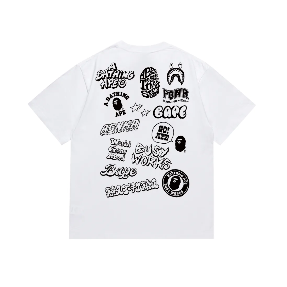P110 SC055# (top version) BAPE ape-letter printed short-sleeved T-shirt with great ape-letter graffiti logo on the back. Made of 260 grams of high-quality high-weave pure cotton fabric. Double yarn combed. Soft texture and no pilling. Imported environmentally friendly printing glue. Bright and three-dimensional pattern. Quality💥Same style for men and women. The upper body is trendy. Color: black and white. Size: S M L XL XXL