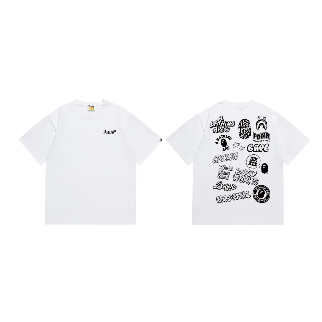 P110 SC055# (top version) BAPE ape-letter printed short-sleeved T-shirt with great ape-letter graffiti logo on the back. Made of 260 grams of high-quality high-weave pure cotton fabric. Double yarn combed. Soft texture and no pilling. Imported environmentally friendly printing glue. Bright and three-dimensional pattern. Quality💥Same style for men and women. The upper body is trendy. Color: black and white. Size: S M L XL XXL