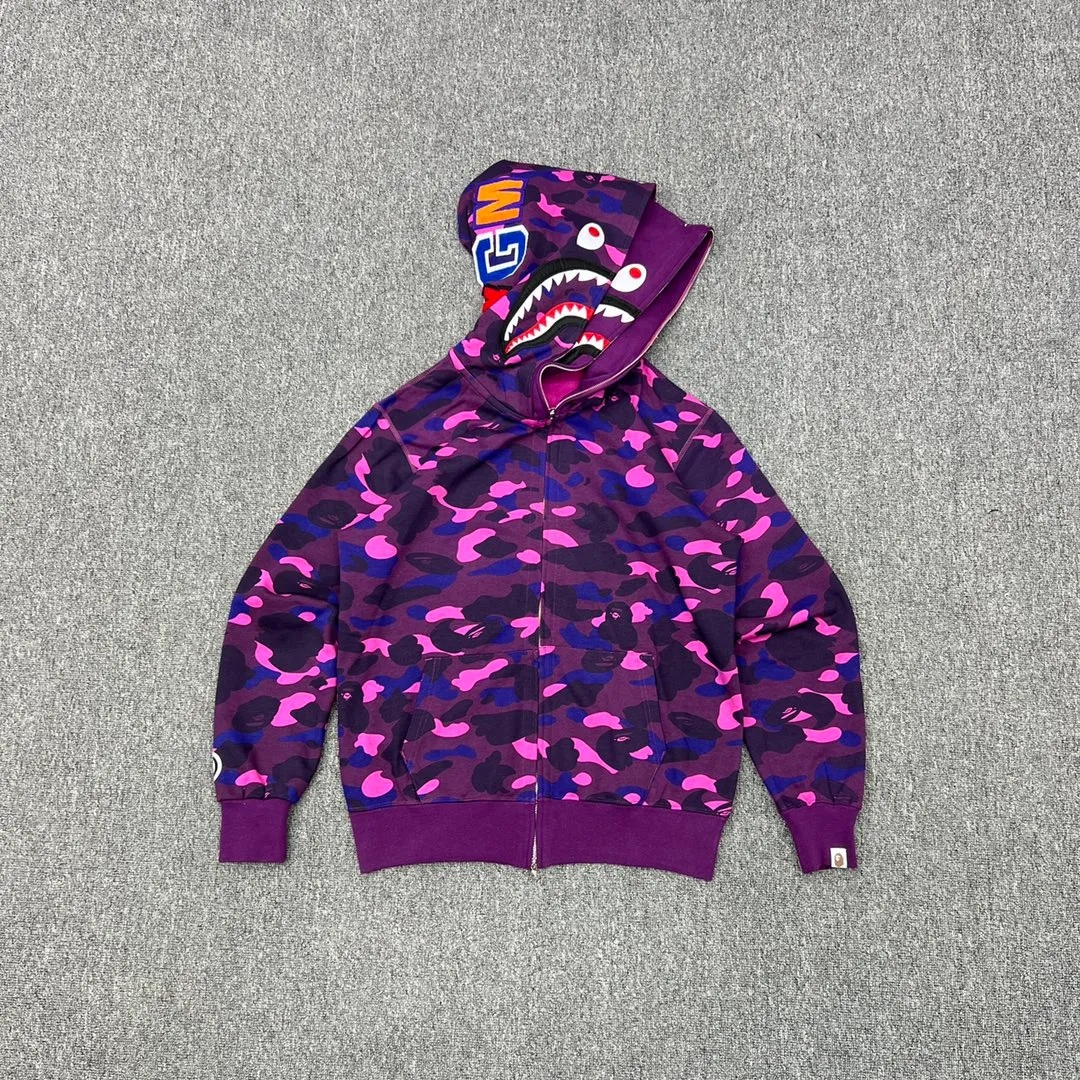 💰440 Bape double hood camouflage shark, customized fabric 1:1, fine workmanship, high quality version, couple model: S—XXL [blue, purple, red]