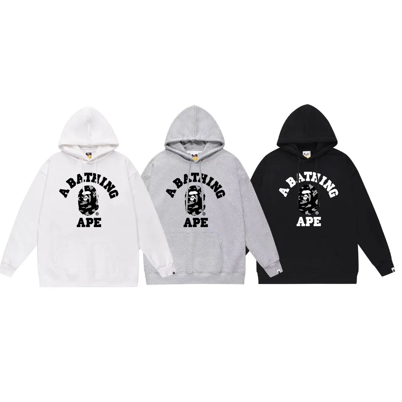 Model No. SC717# Terry p160 plus velvet 180💰 (top version) BAPE percussion camouflage ape head letter printed hooded sweatshirt. Made of 380g large terry (drop shoulder large version) fabric. The texture is soft and non-pilling. Imported environmentally friendly printing glue. The pattern is bright and three-dimensional. Quality💥Same style for men and women. The upper body is trendy. Color: black white gray Size: S M L XL XXL