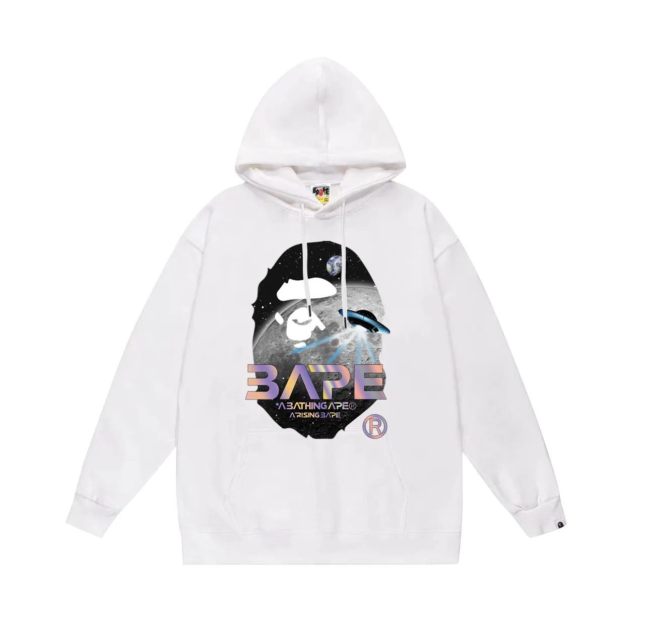 Model number SC758# Terry p160 plus velvet 180💰 (top version) BAPE Mid-Autumn Moon Autumn Scenery Ape Head UFO Laser Letters Hooded Sweater Made of 380g large terry (drop shoulder large version) fabric, soft texture and no pilling Imported environmentally friendly printing glue The pattern is bright and three-dimensional Quality💥Same style for men and women The upper body is trendy Color: Black White Gray Size: S M L XL XXL