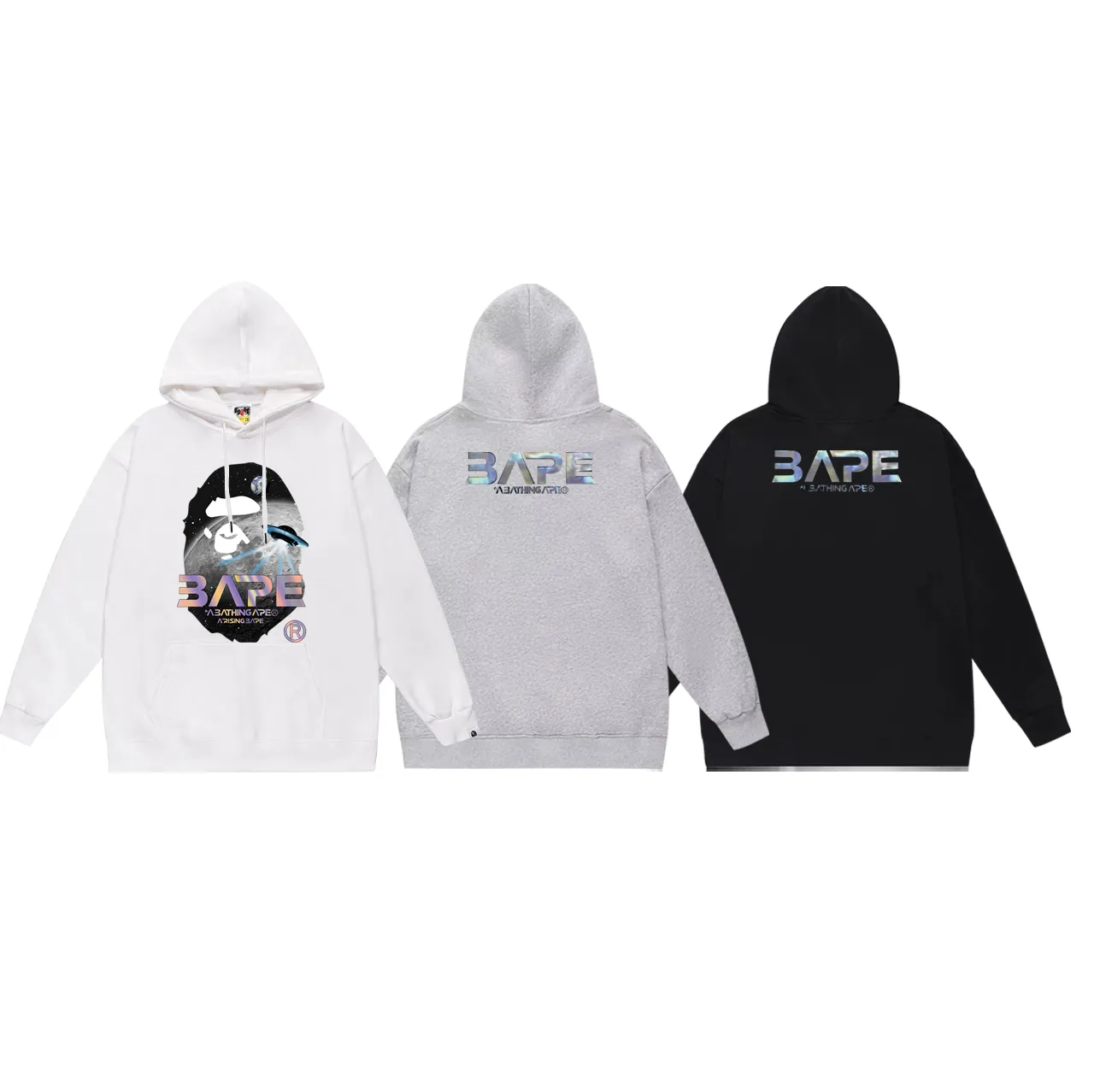 Model number SC758# Terry p160 plus velvet 180💰 (top version) BAPE Mid-Autumn Moon Autumn Scenery Ape Head UFO Laser Letters Hooded Sweater Made of 380g large terry (drop shoulder large version) fabric, soft texture and no pilling Imported environmentally friendly printing glue The pattern is bright and three-dimensional Quality💥Same style for men and women The upper body is trendy Color: Black White Gray Size: S M L XL XXL
