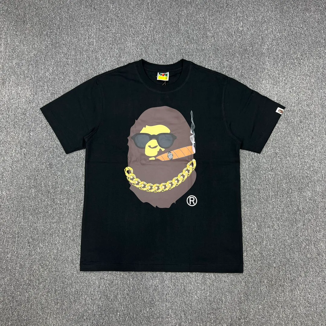 💰140 Bape Ape Head Smoking Print Los Angeles Limited Linen Cotton 280g Customized Fabric Couple Style: S—XXL [Black White]