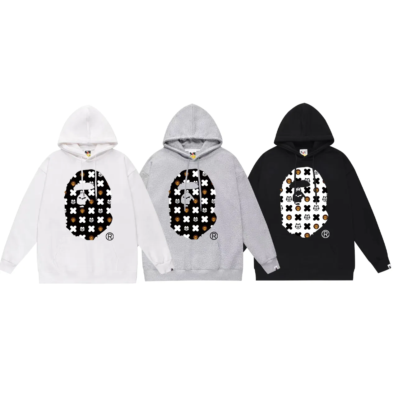 Model No. SC756# Terry p160 plus velvet 180💰 (top version) BAPE ape head cartoon pattern printed hooded sweatshirt Made of 380 grams of large terry (drop shoulder large version) fabric, soft texture and no pilling Imported environmentally friendly printing glue The pattern is bright and three-dimensional Quality💥Same style for men and women The upper body is trendy Color: black white gray Size: S M L XL XXL