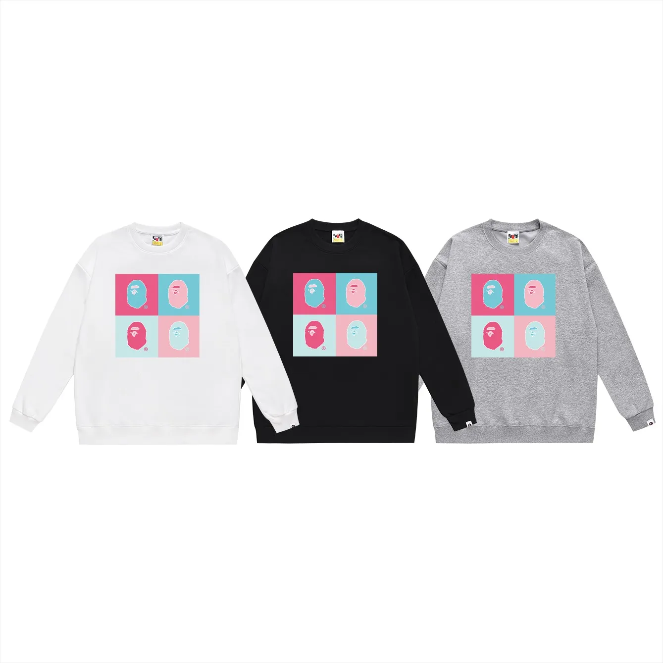 P150 model number SC454# terry 75 plus velvet 80 (top version) BAPE ape-man head four-in-one pattern printed round neck sweatshirt. Made of 350 grams of large terry (drop shoulder large version) fabric. The texture is soft and non-pilling. Imported environmentally friendly printing glue. The pattern is bright and three-dimensional. Quality 💥Same style for men and women. The upper body is trendy. Color: black white gray Size: S M L XL XXL