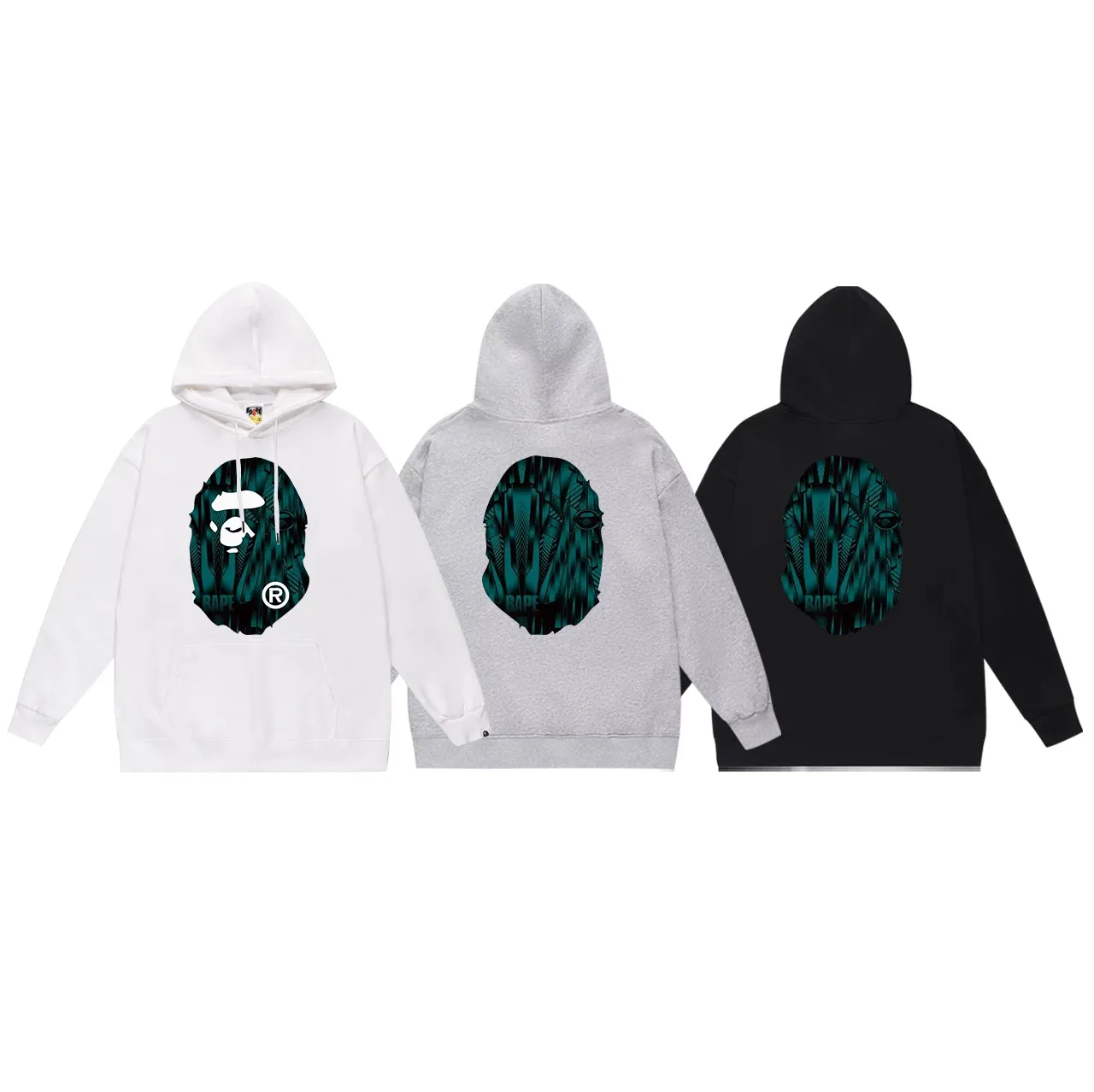 Model No. SC704#terry p160 plus velvet p180💰 (top version) BAPE Speed Racing speed pattern ape head print hooded sweatshirt. Made of 380g large terry 430g silver fox velvet (drop shoulder large version) fabric. The texture is soft and non-pilling. Imported environmentally friendly printing glue. The pattern is bright and three-dimensional. Quality💥Same style for men and women. The upper body is trendy. Color: black cyan, white cyan, gray cyan Size: S M L XL XXL
