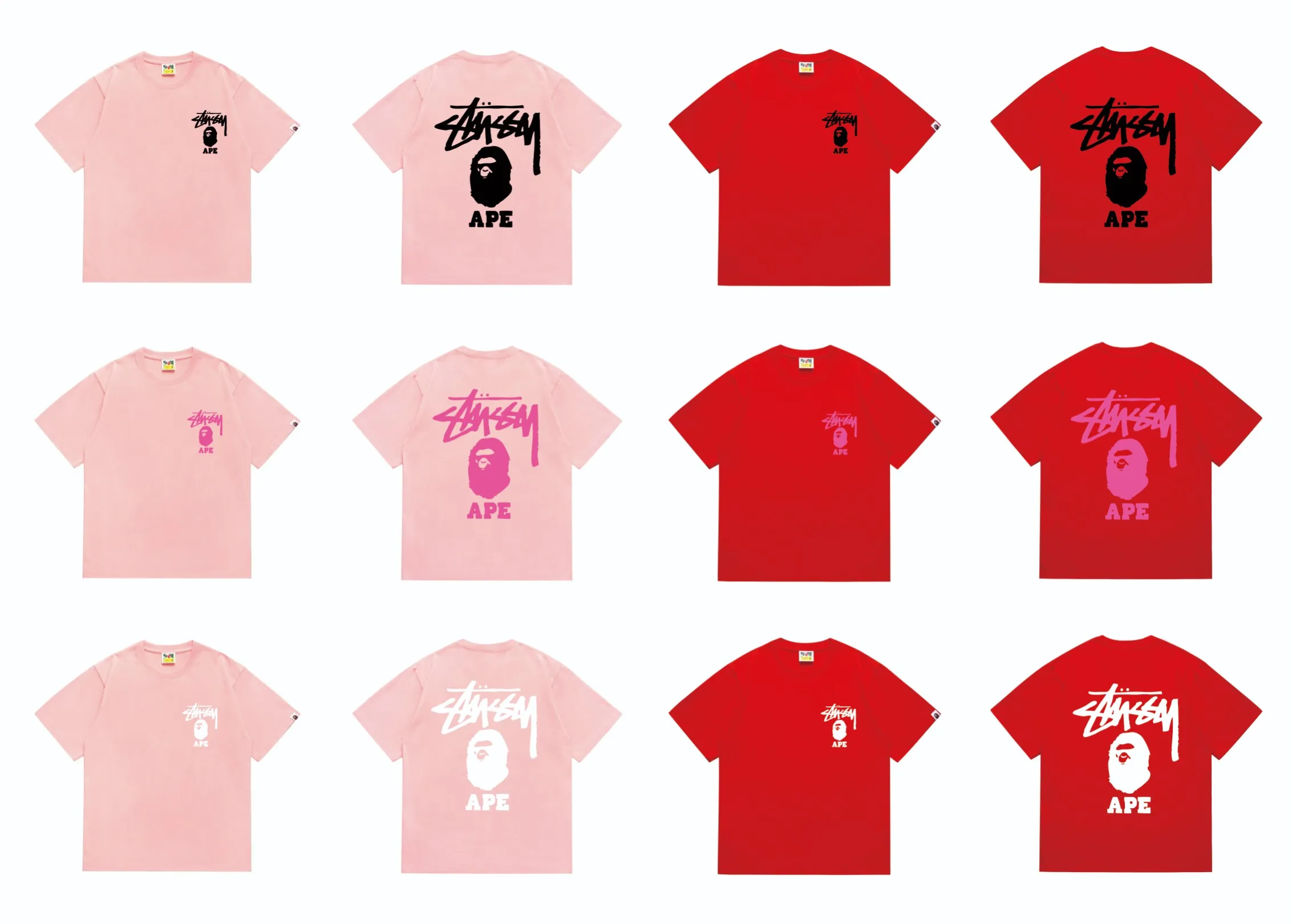 SC202#p110💰 (top version) BAPE×Stussy co-branded Stussy letter ape print T-shirt Made of 260 grams of high-quality high-weave pure cotton fabric, double yarn combed, soft texture without pilling, imported environmentally friendly printing glue, bright and three-dimensional pattern, quality 💥Same style for men and women, the upper body is fashionable Color: black pink white pink gray pink pink pink red pink black and white gray and white pink and white red and white white and black Gray and black Pink and black Red and black Size: S M L XL XXL