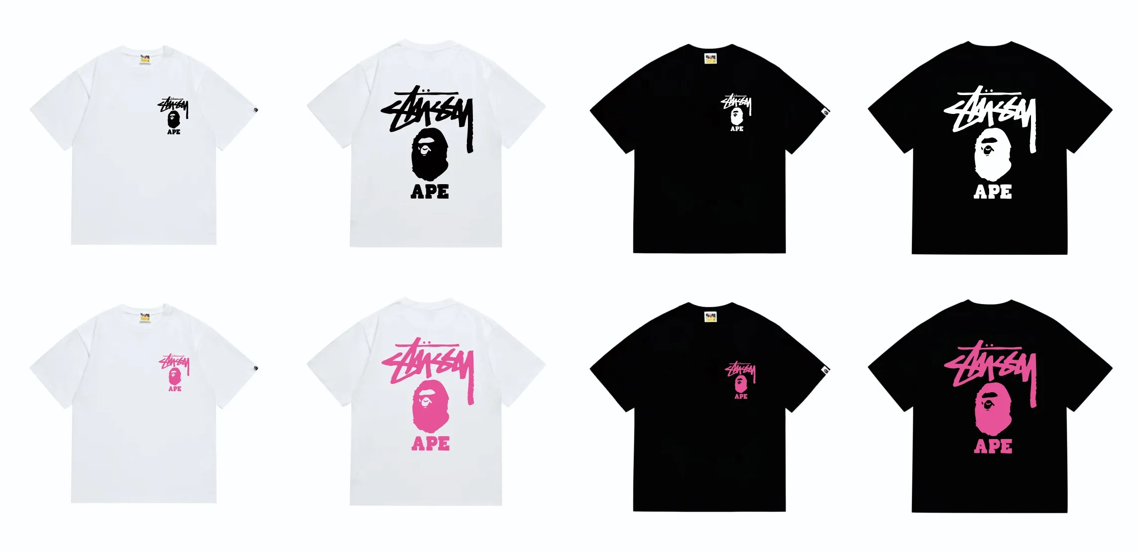 SC202#p110💰 (top version) BAPE×Stussy co-branded Stussy letter ape print T-shirt Made of 260 grams of high-quality high-weave pure cotton fabric, double yarn combed, soft texture without pilling, imported environmentally friendly printing glue, bright and three-dimensional pattern, quality 💥Same style for men and women, the upper body is fashionable Color: black pink white pink gray pink pink pink red pink black and white gray and white pink and white red and white white and black Gray and black Pink and black Red and black Size: S M L XL XXL