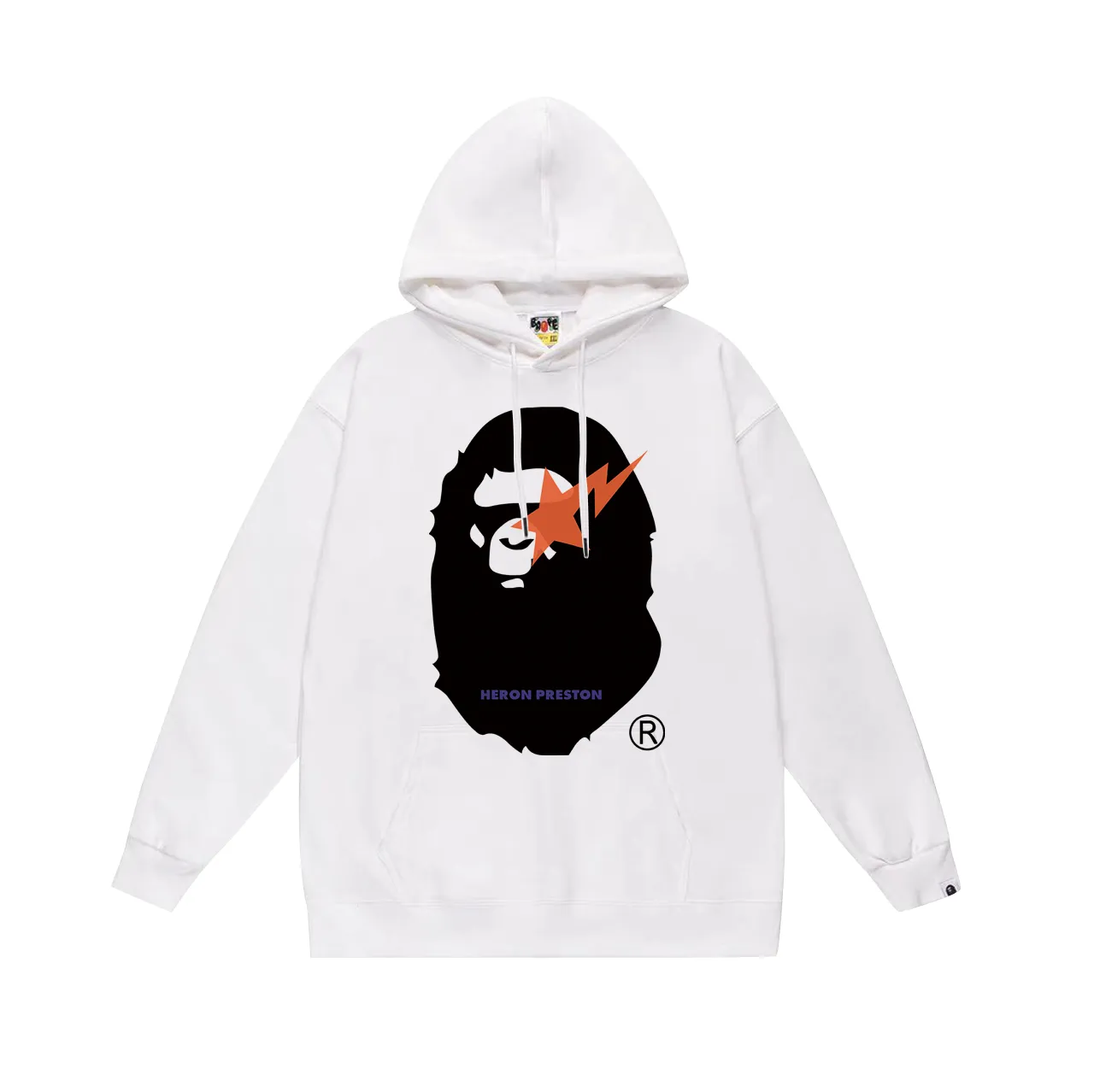 P160 model number SC800# terry 80 plus velvet 90 (top version) BAPE lightning ape head oversized pattern printed hooded sweatshirt. Made of 380g large terry (drop shoulder large version) fabric. The texture is soft and non-pilling. Imported environmentally friendly printing glue. The pattern is bright and three-dimensional. Quality 💥Same style for men and women. The upper body is trendy. Color: black white gray Size: S M L XL XXL