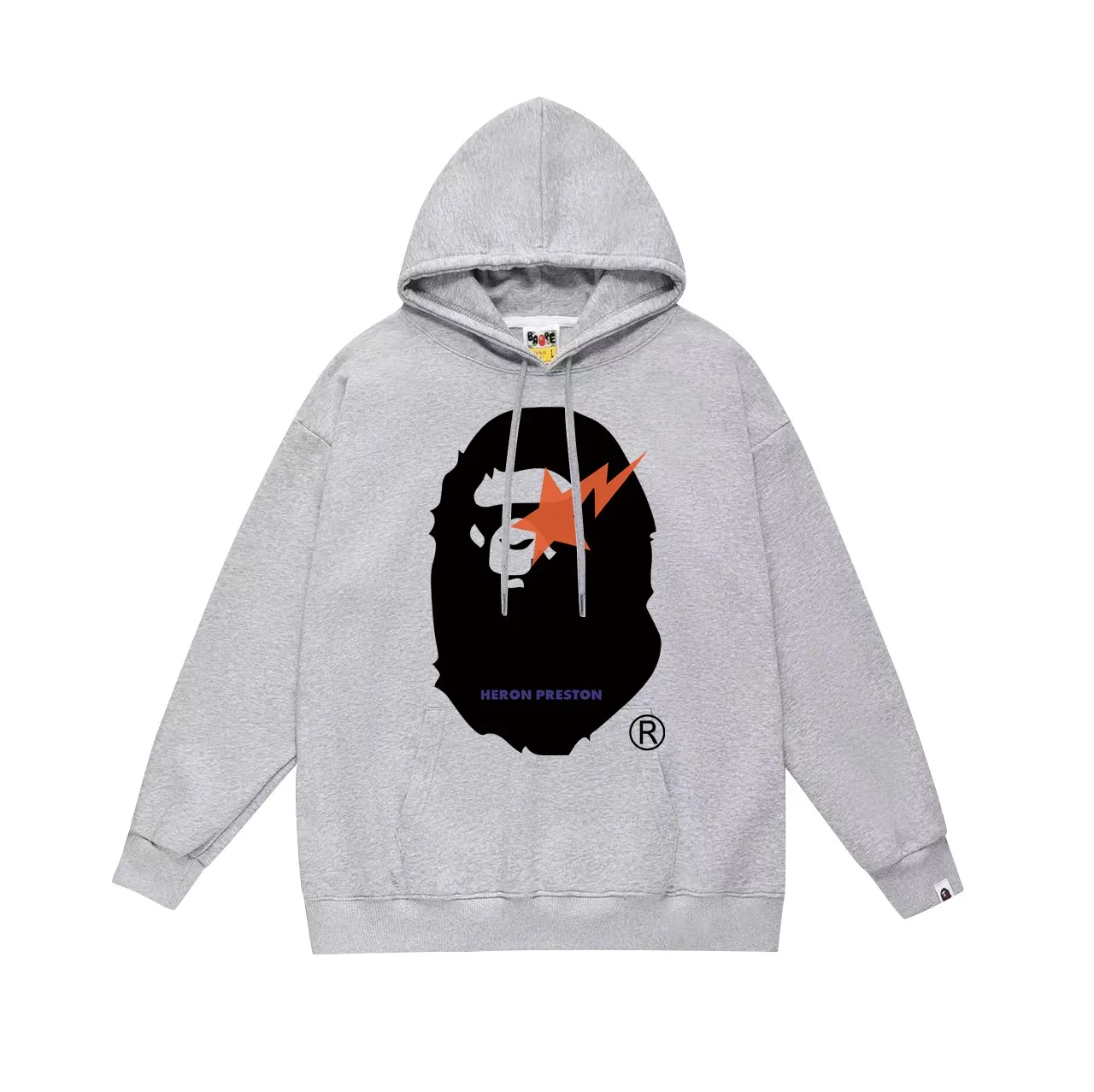 P160 model number SC800# terry 80 plus velvet 90 (top version) BAPE lightning ape head oversized pattern printed hooded sweatshirt. Made of 380g large terry (drop shoulder large version) fabric. The texture is soft and non-pilling. Imported environmentally friendly printing glue. The pattern is bright and three-dimensional. Quality 💥Same style for men and women. The upper body is trendy. Color: black white gray Size: S M L XL XXL