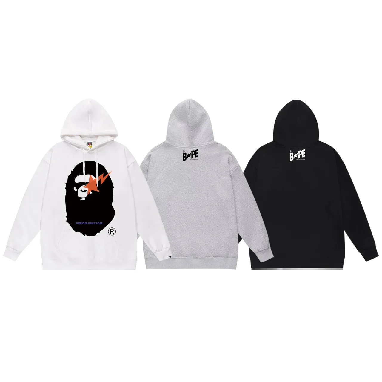 P160 model number SC800# terry 80 plus velvet 90 (top version) BAPE lightning ape head oversized pattern printed hooded sweatshirt. Made of 380g large terry (drop shoulder large version) fabric. The texture is soft and non-pilling. Imported environmentally friendly printing glue. The pattern is bright and three-dimensional. Quality 💥Same style for men and women. The upper body is trendy. Color: black white gray Size: S M L XL XXL