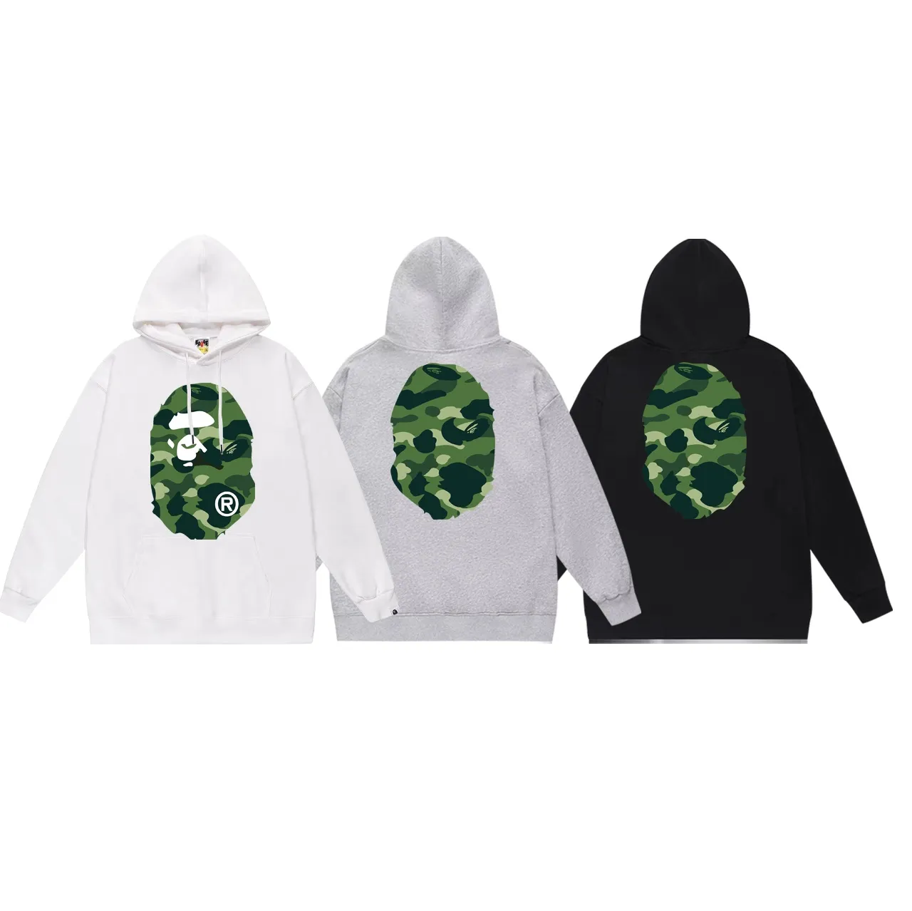 Model number SC660#terry p160 plus velvet p180💰 (top version) BAPE double-sided camouflage ape head print hooded sweatshirt. Made of 380g large terry 430g silver fox velvet (drop shoulder large version) fabric. The texture is soft and non-pilling. Imported environmentally friendly printing glue. The pattern is bright and three-dimensional. Quality💥Same style for men and women. The upper body is trendy. Color: black green white green gray green Size: S M L XL XXL