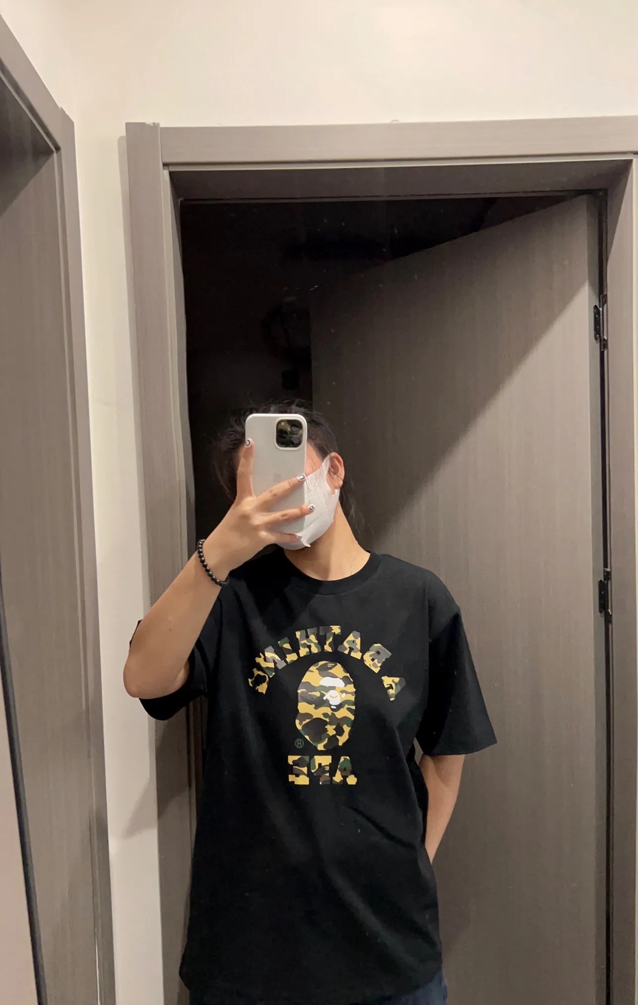💰140 BAPE classic ape head letter camouflage print ZP version 280g weight linen cotton fabric Couple style: S-XXL [black and yellow, white and yellow, black and green, white and green]