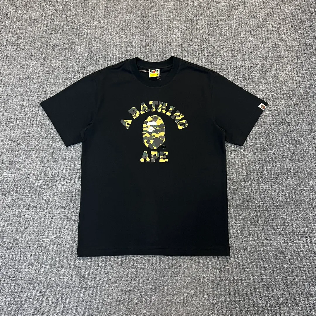 💰140 BAPE classic ape head letter camouflage print ZP version 280g weight linen cotton fabric Couple style: S-XXL [black and yellow, white and yellow, black and green, white and green]
