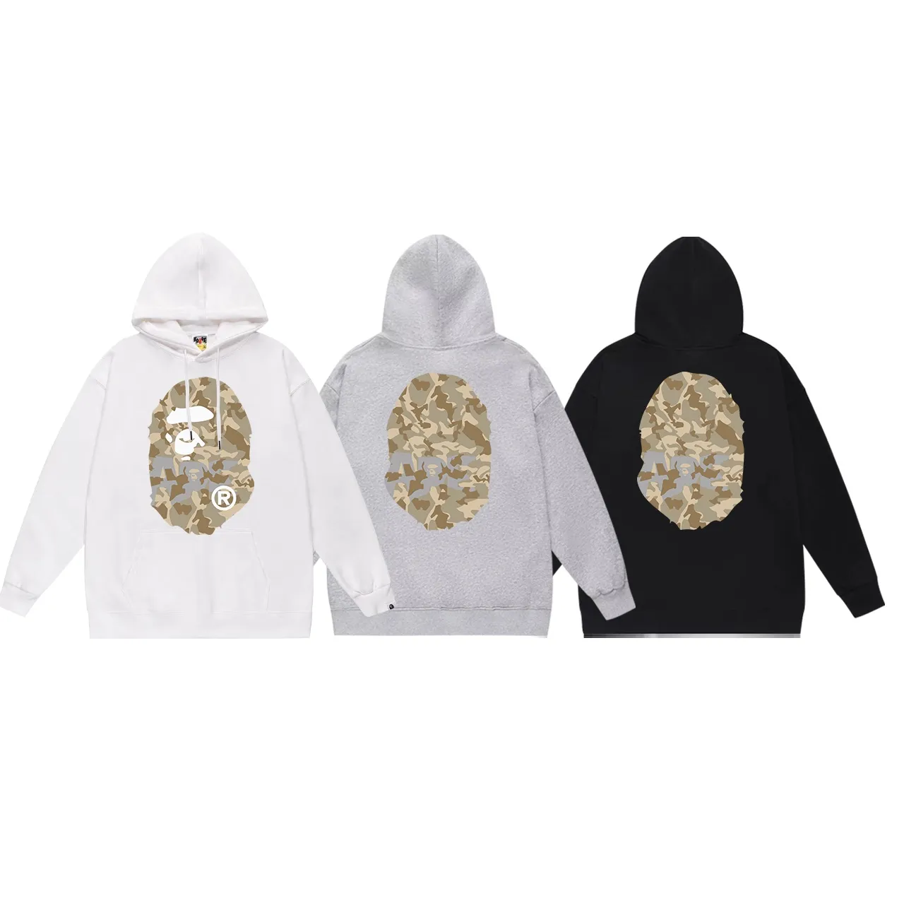 Model number SC630#terry p160 plus velvet p180💰 (top version) BAPE desert camouflage ape head double-sided printed hooded sweatshirt. Made of 380g large terry 430g silver fox velvet (drop shoulder large version) fabric. The texture is soft and non-pilling. Imported environmentally friendly printing glue. The pattern is bright and three-dimensional. Quality💥Same style for men and women. The upper body is trendy. Color: black white gray Size: S M L XL XXL