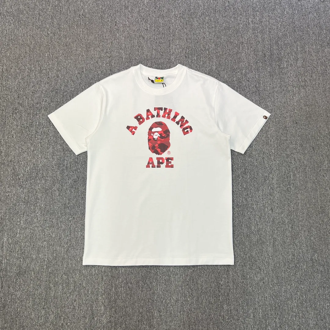 💰140 BAPE camouflage ape head letter printed short-sleeved T-shirt 270g weight linen cotton fabric Couple style: S-XXL [white blue black blue white purple black purple white red black red]