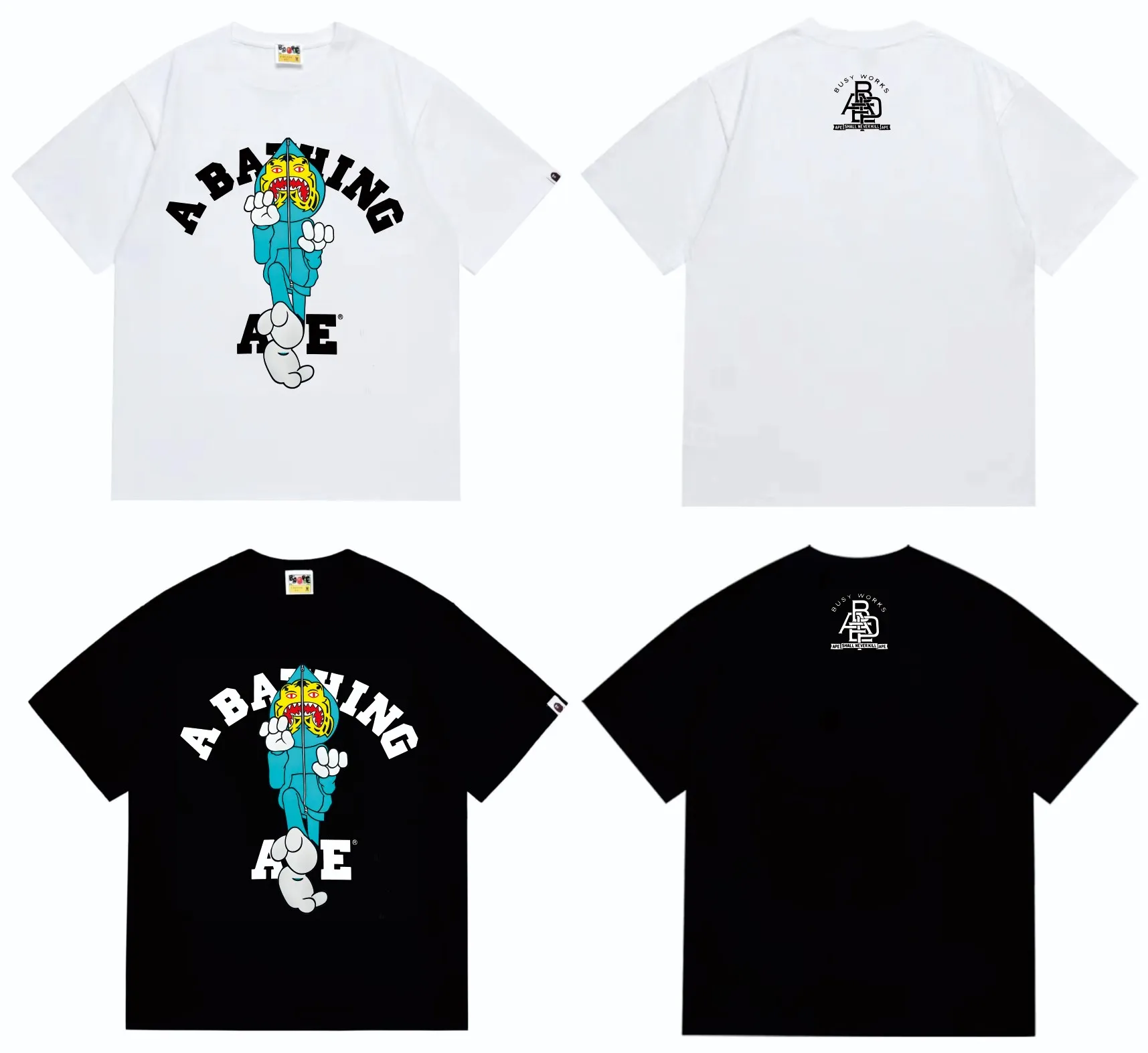 SC256#p110💰 (Top version) BAPE TIGER MILO COLLEGE TEE Tiger Shark Kung Fu printed T-shirt Made of 260 grams of high-quality high-weave pure cotton fabric, double yarn combed, soft and non-pilling, imported environmentally friendly printing glue, bright and three-dimensional pattern, quality 💥Same style for men and women, the upper body is fashionable Color: black white Size: S M L XL XXL