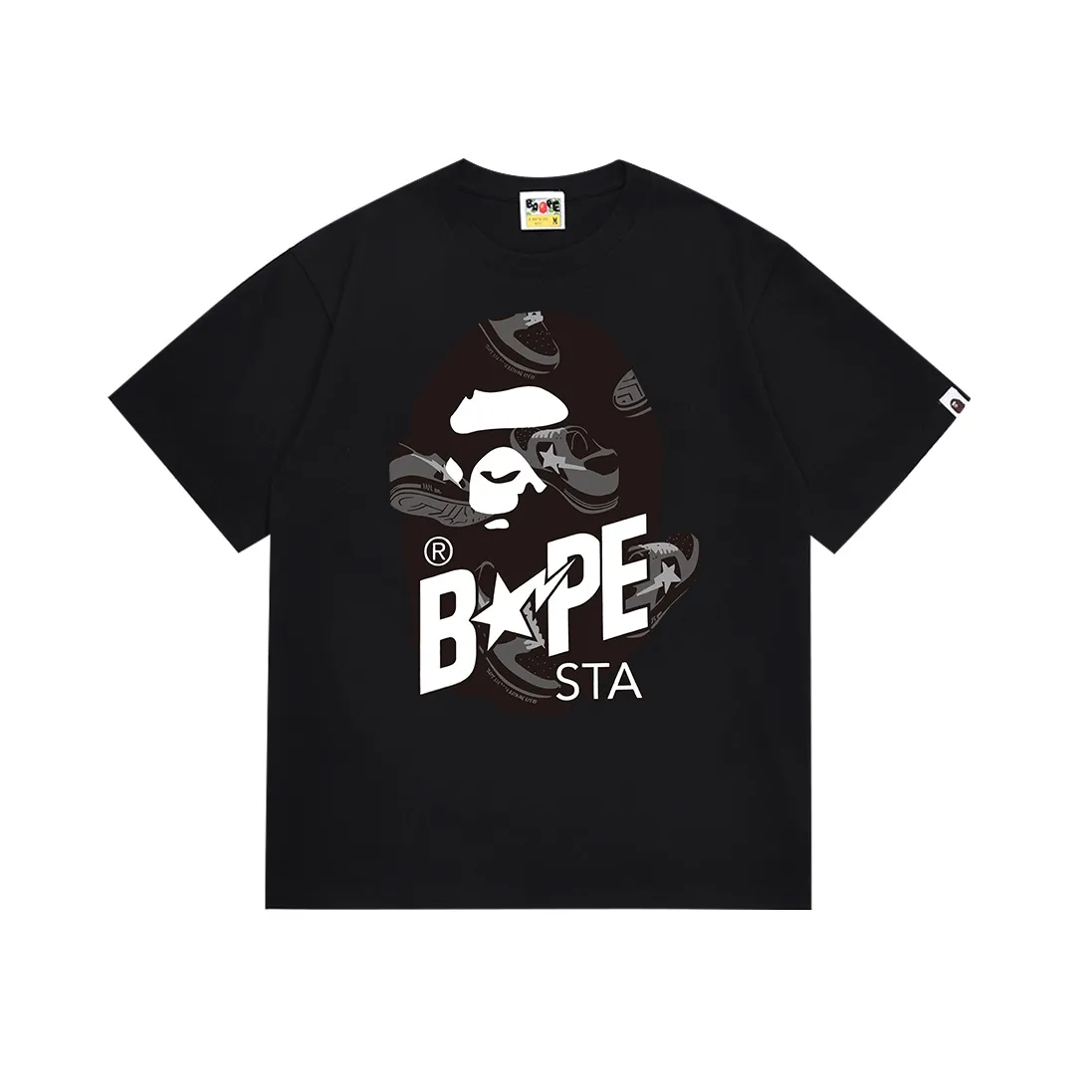 SC110#p110💰 (top version) BAPE ape head letter print STA casual shoe pattern short-sleeved T-shirt Made of 260 grams of high-quality high-weave pure cotton fabric, double yarn combed, soft texture and no pilling Imported environmentally friendly printing glue, bright and three-dimensional pattern, quality 💥Same style for men and women, the upper body is fashionable Color: black white Size: S M L XL XXL