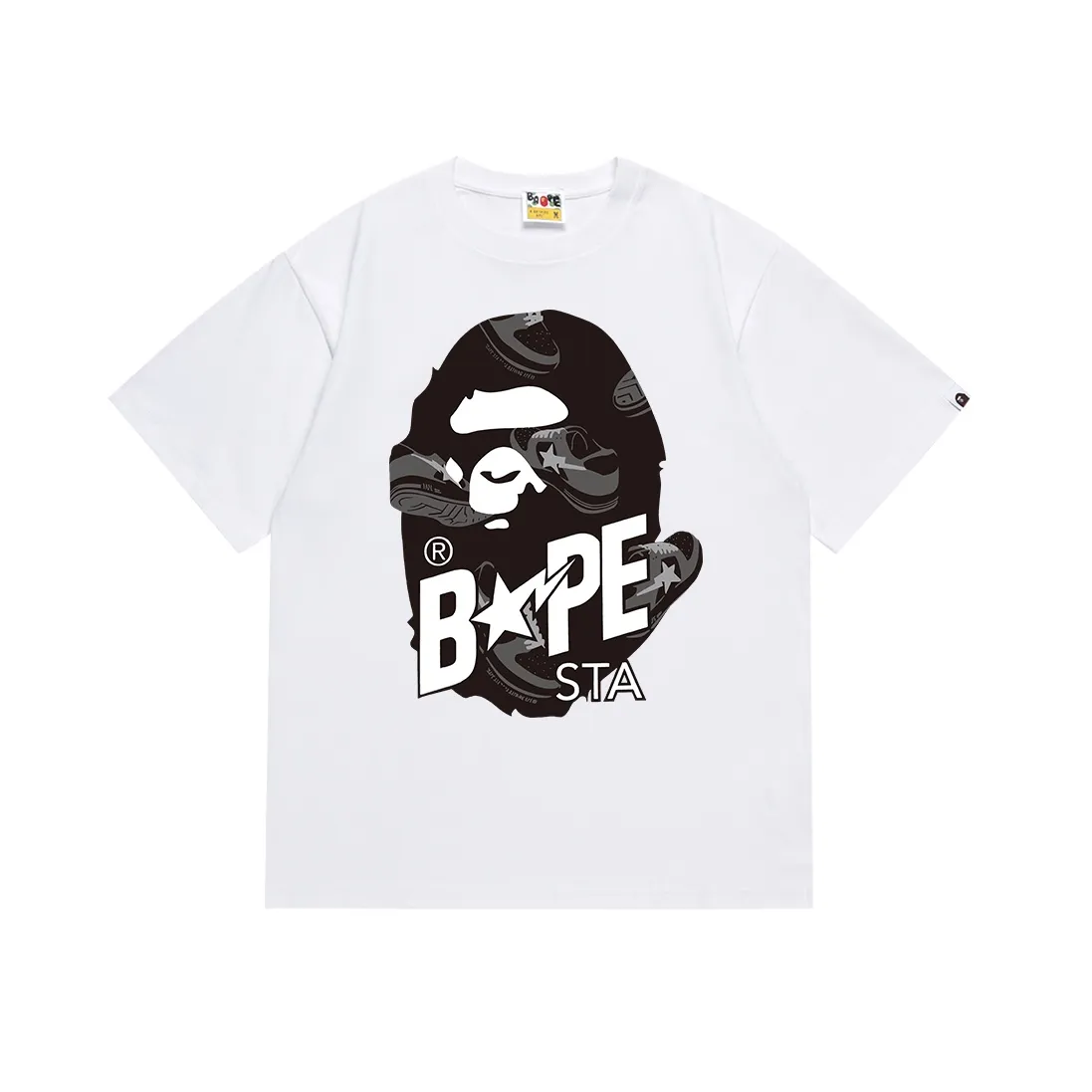 SC110#p110💰 (top version) BAPE ape head letter print STA casual shoe pattern short-sleeved T-shirt Made of 260 grams of high-quality high-weave pure cotton fabric, double yarn combed, soft texture and no pilling Imported environmentally friendly printing glue, bright and three-dimensional pattern, quality 💥Same style for men and women, the upper body is fashionable Color: black white Size: S M L XL XXL