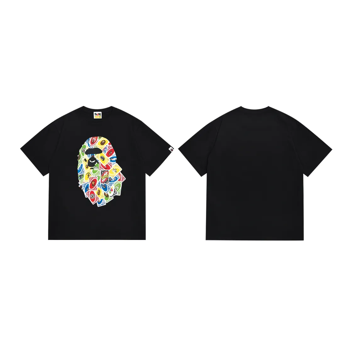 P110 SC005# BAPE Colorful Ape Head Playing Card Print Men's and Women's Pure Cotton Loose Short-Sleeved T-shirt Japanese Trendy Brand Made of 260 grams of high-quality high-weave pure cotton fabric, double yarn combed, soft texture and no pilling Imported environmentally friendly printing glue The pattern is bright and three-dimensional Quality 💥Same style for men and women The upper body is trendy Color: Black White Size: S M L XL XXL