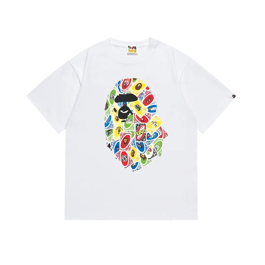 P110 SC005# BAPE Colorful Ape Head Playing Card Print Men's and Women's Pure Cotton Loose Short-Sleeved T-shirt Japanese Trendy Brand Made of 260 grams of high-quality high-weave pure cotton fabric, double yarn combed, soft texture and no pilling Imported environmentally friendly printing glue The pattern is bright and three-dimensional Quality 💥Same style for men and women The upper body is trendy Color: Black White Size: S M L XL XXL