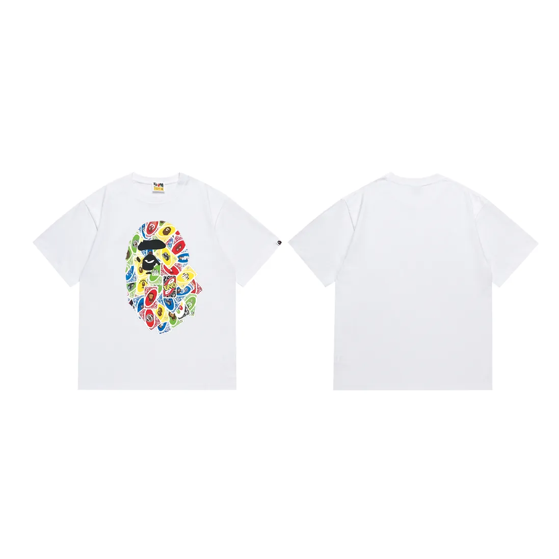 P110 SC005# BAPE Colorful Ape Head Playing Card Print Men's and Women's Pure Cotton Loose Short-Sleeved T-shirt Japanese Trendy Brand Made of 260 grams of high-quality high-weave pure cotton fabric, double yarn combed, soft texture and no pilling Imported environmentally friendly printing glue The pattern is bright and three-dimensional Quality 💥Same style for men and women The upper body is trendy Color: Black White Size: S M L XL XXL