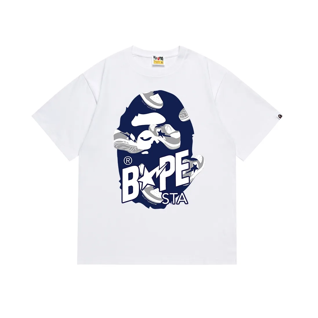 SC111#p110💰 (top version) BAPE ape head letter print STA casual shoe pattern short-sleeved T-shirt Made of 260 grams of high-quality high-woven pure cotton fabric, double yarn combed, soft texture and no pilling Imported environmentally friendly printing glue, bright and three-dimensional pattern, quality 💥Same style for men and women, the upper body is fashionable Color: black white Size: S M L XL XXL