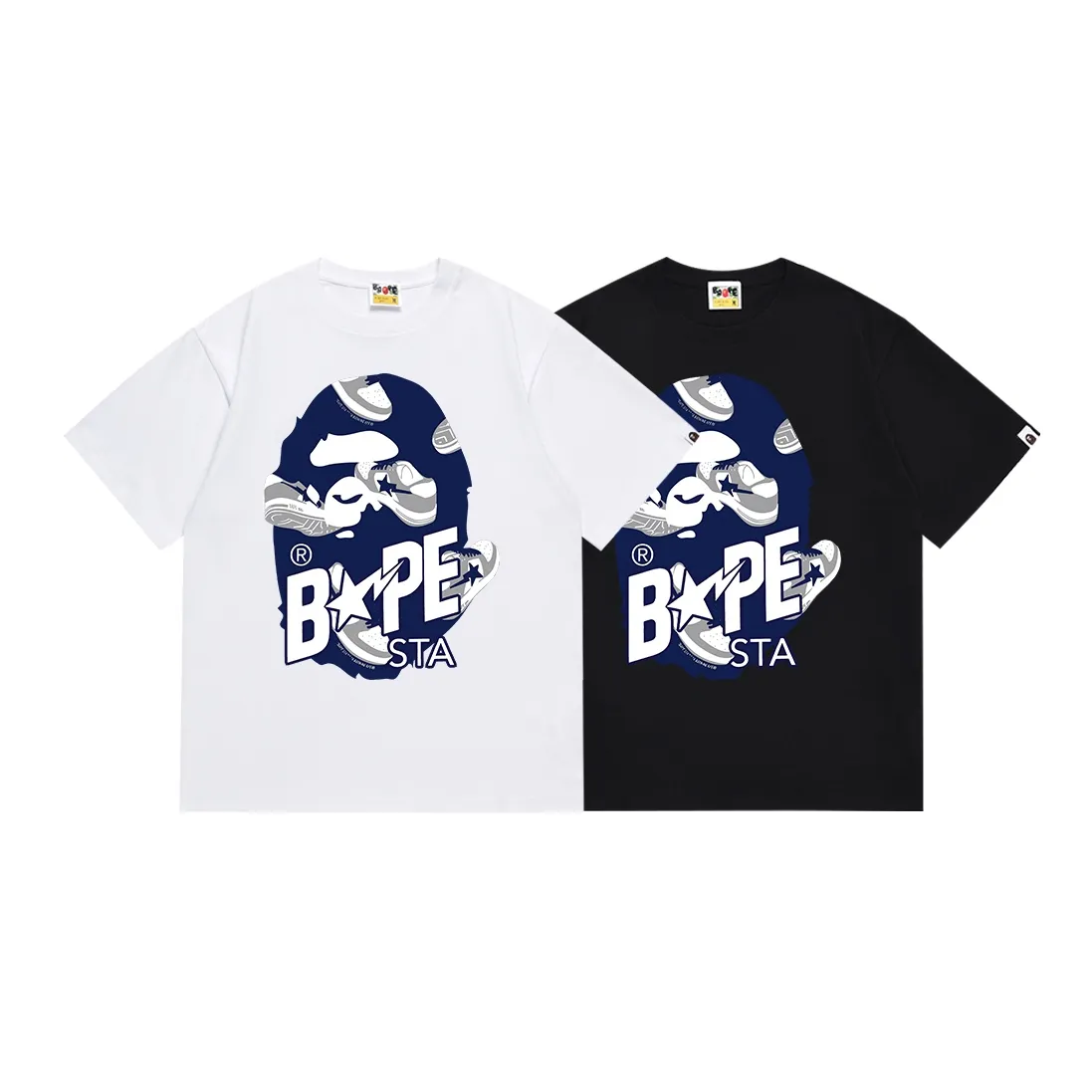 SC111#p110💰 (top version) BAPE ape head letter print STA casual shoe pattern short-sleeved T-shirt Made of 260 grams of high-quality high-woven pure cotton fabric, double yarn combed, soft texture and no pilling Imported environmentally friendly printing glue, bright and three-dimensional pattern, quality 💥Same style for men and women, the upper body is fashionable Color: black white Size: S M L XL XXL