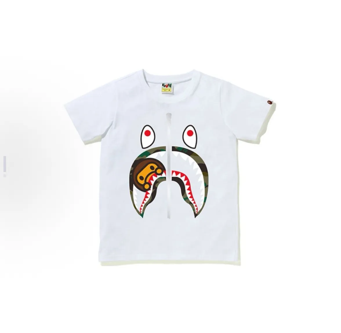 P110 00159 BAPE SS22 camouflage shark cartoon BABY MILO printed round neck short-sleeved T-shirt, same style for men and women, size smlxlxxl, black and yellow camouflage, black and green camouflage, white and yellow camouflage, white and green camouflage