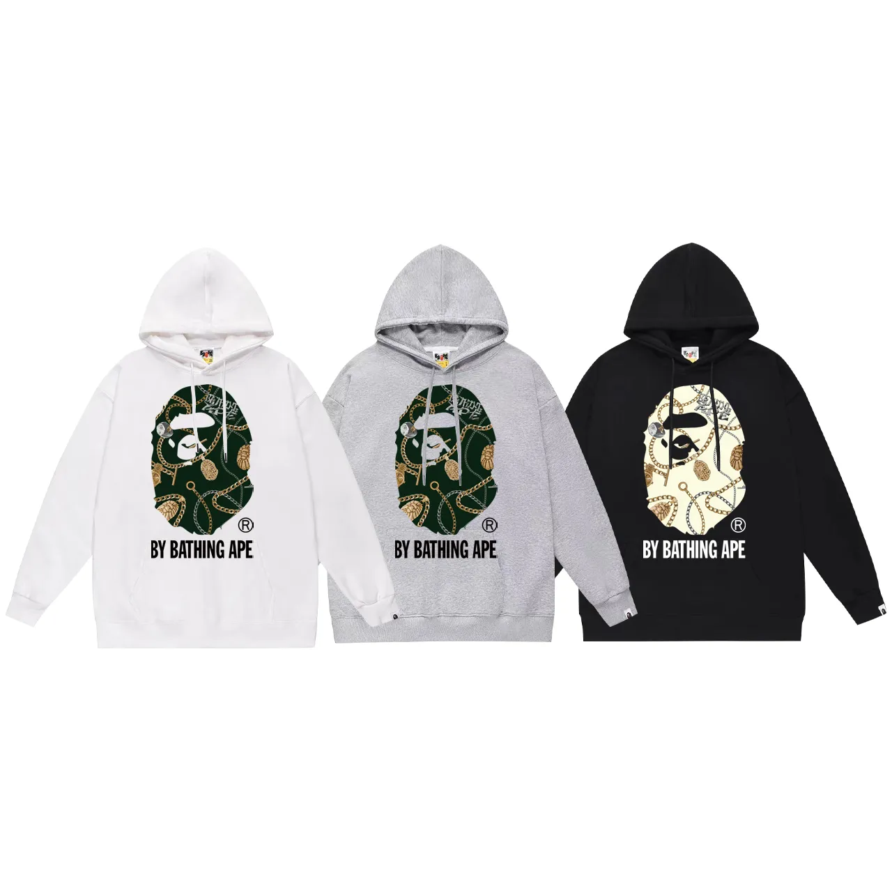P160 model number SC776# terry 80 plus velvet 90 (top version) BAPE JEWELS BY BATHING APE TEE jewelry great ape print hooded sweatshirt Made of 380g large terry (drop shoulder large version) fabric, soft and non-pilling texture, imported environmentally friendly printing glue, bright and three-dimensional pattern, quality 💥Same style for men and women, the upper body is fashionable Color: black white gray Size: S M L XL XXL