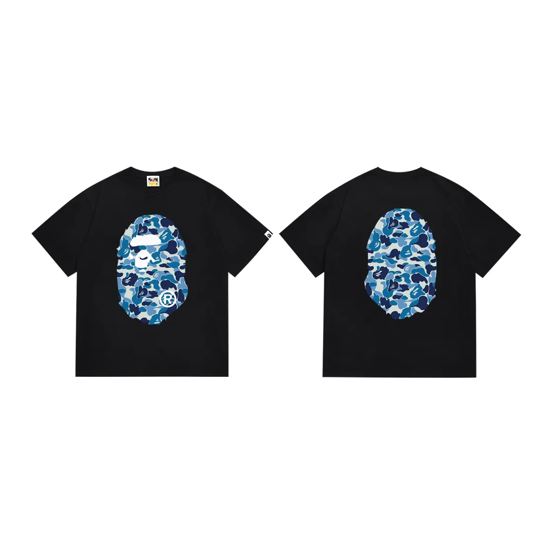 P110 SC036# (top version) BAPE ABC blue camouflage ape LOGO double-sided printed short-sleeved T-shirt. Made of 260 grams of high-quality high-weave pure cotton fabric. Double yarn combed, soft texture and no pilling. Imported environmentally friendly printing glue. Bright and three-dimensional pattern. Quality💥Same style for men and women. The upper body is trendy. Color: black and white. Size: S M L XL XXL