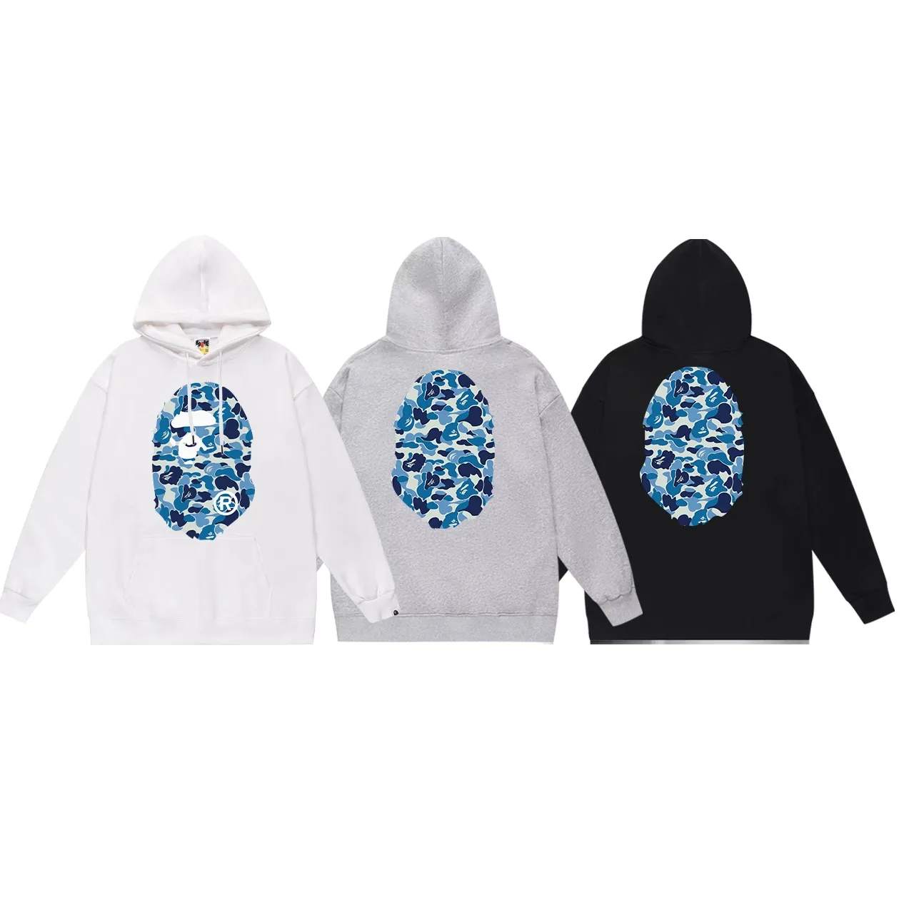 Model No. SC636# Terry p160 plus velvet p180💰 (top version) BAPE ABC blue camouflage ape-man LOGO double-sided printed hooded sweatshirt Made of 380g large terry 430g silver fox velvet (off-shoulder large version) fabric, soft texture and no pilling Imported environmentally friendly printing glue The pattern is bright and three-dimensional Quality 💥Same style for men and women The upper body is trendy Color: black white gray Size: S M L XL XXL