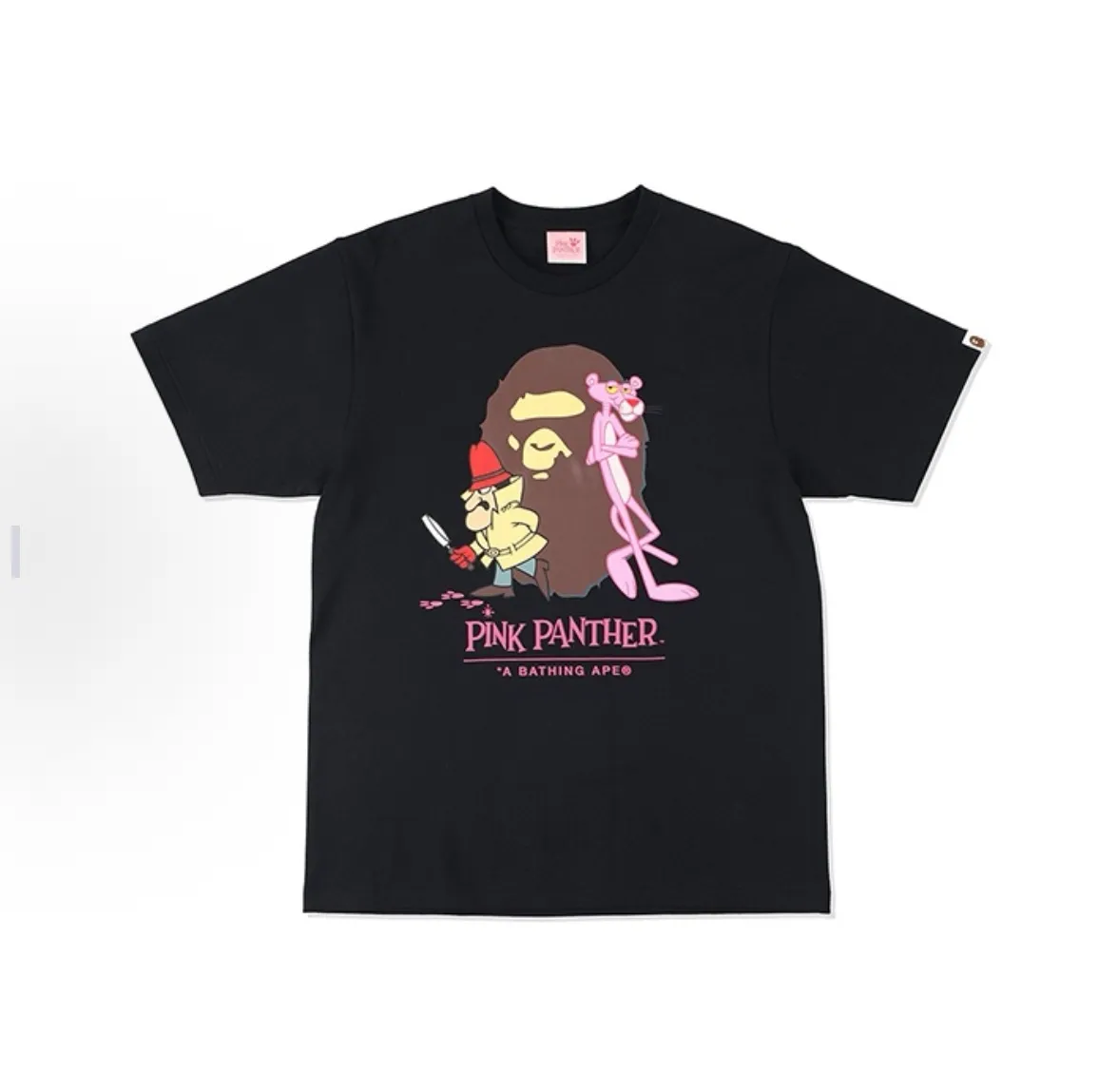 P110 001187 BAPE x PINK PANTHER joint model Ape Logo printed round neck short-sleeved T-shirt, same style for men and women, size smlxlxxl, black and white