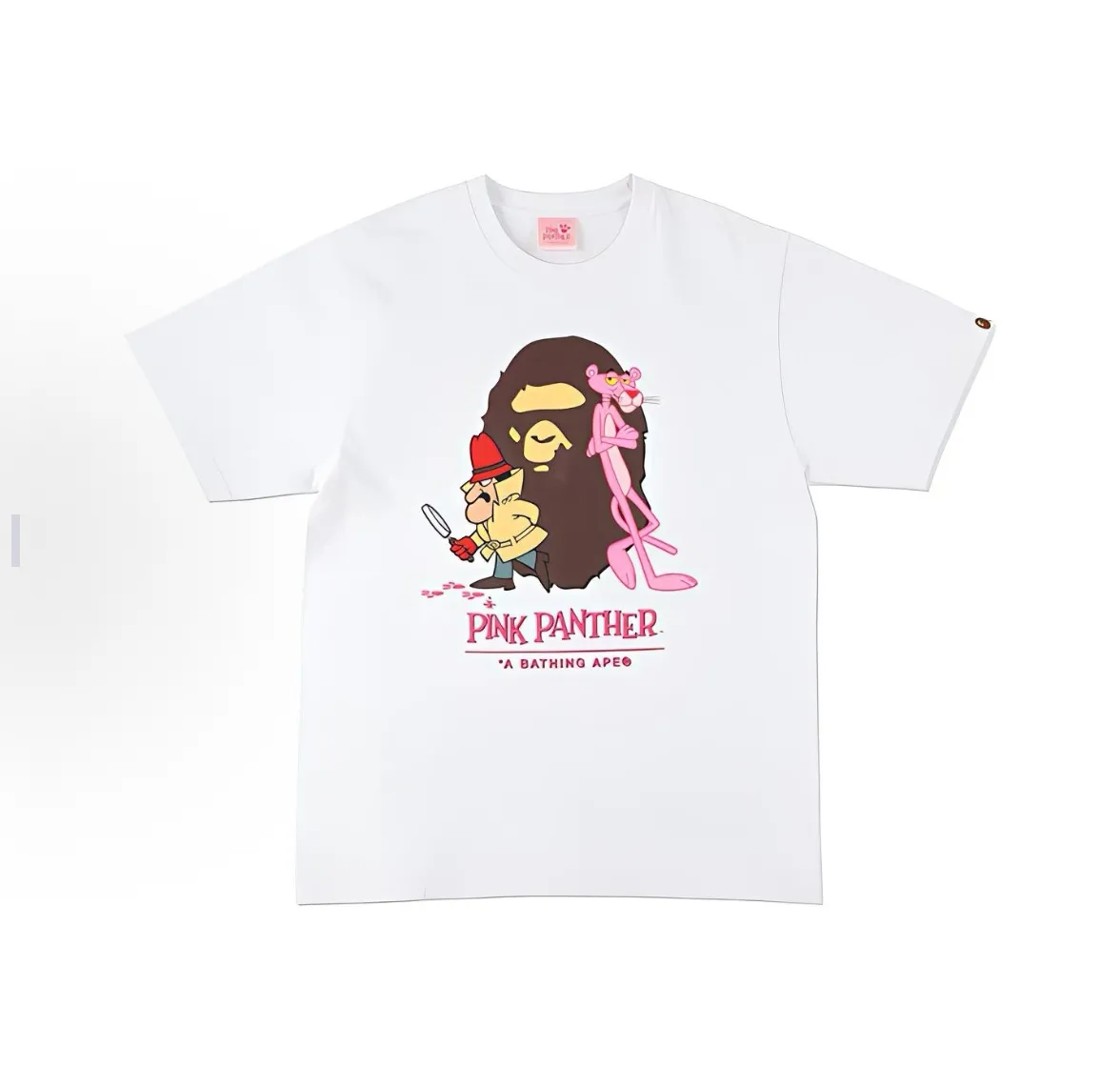 P110 001187 BAPE x PINK PANTHER joint model Ape Logo printed round neck short-sleeved T-shirt, same style for men and women, size smlxlxxl, black and white